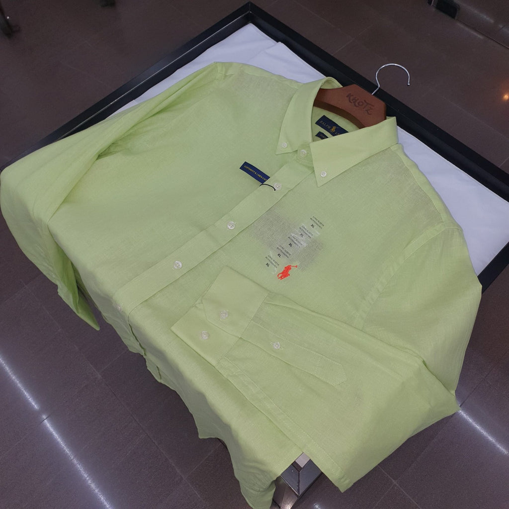Camisa Ralph Lauren Masculina Linho cor Verde Limão Pony Laranja