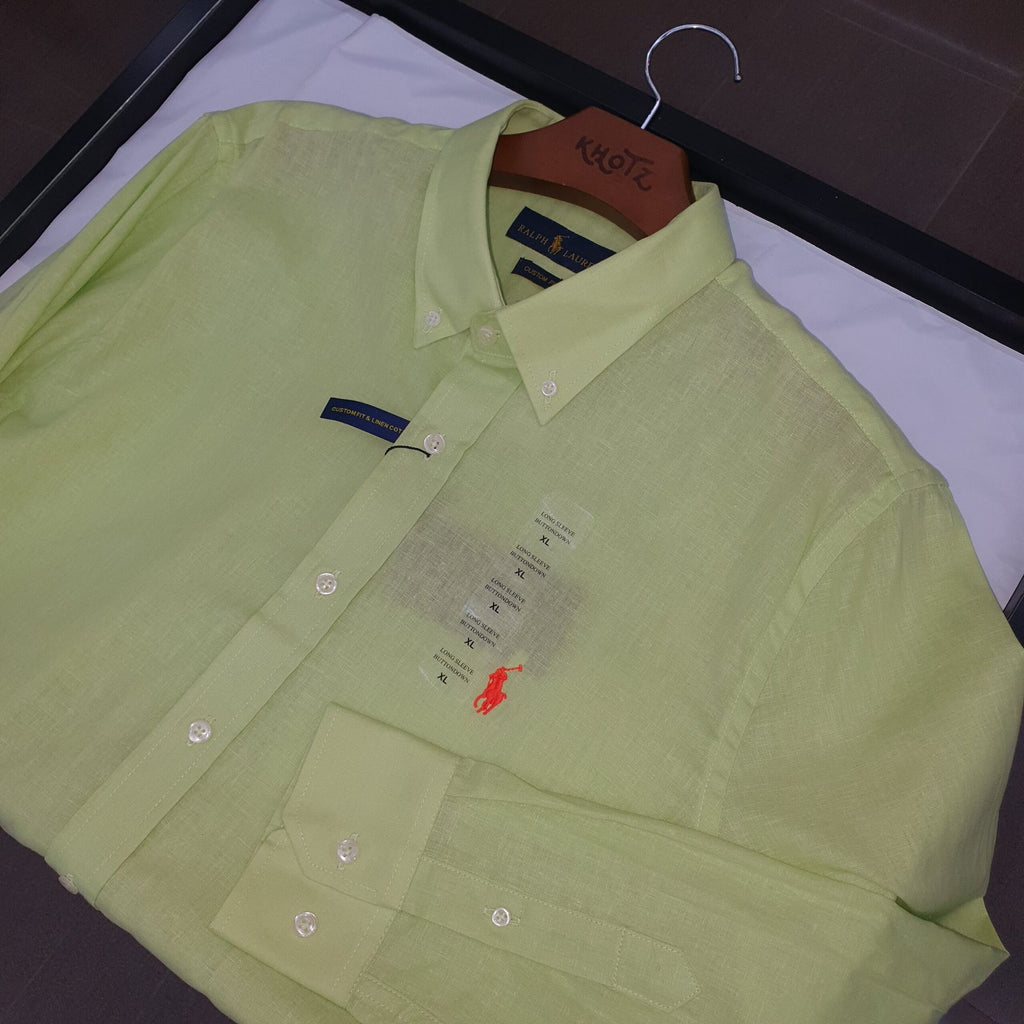 Camisa Ralph Lauren Masculina Linho cor Verde Limão Pony Laranja