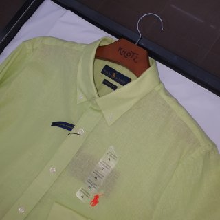 Camisa Ralph Lauren Masculina Linho cor Verde Limão Pony Laranja