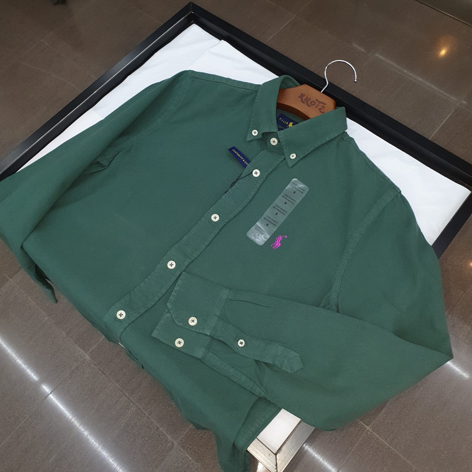 Camisa Ralph Lauren Masculina Oxford Tinturado Verde Floresta Pony Roxo