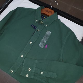 Camisa Ralph Lauren Masculina Oxford Tinturado Verde Floresta Pony Roxo