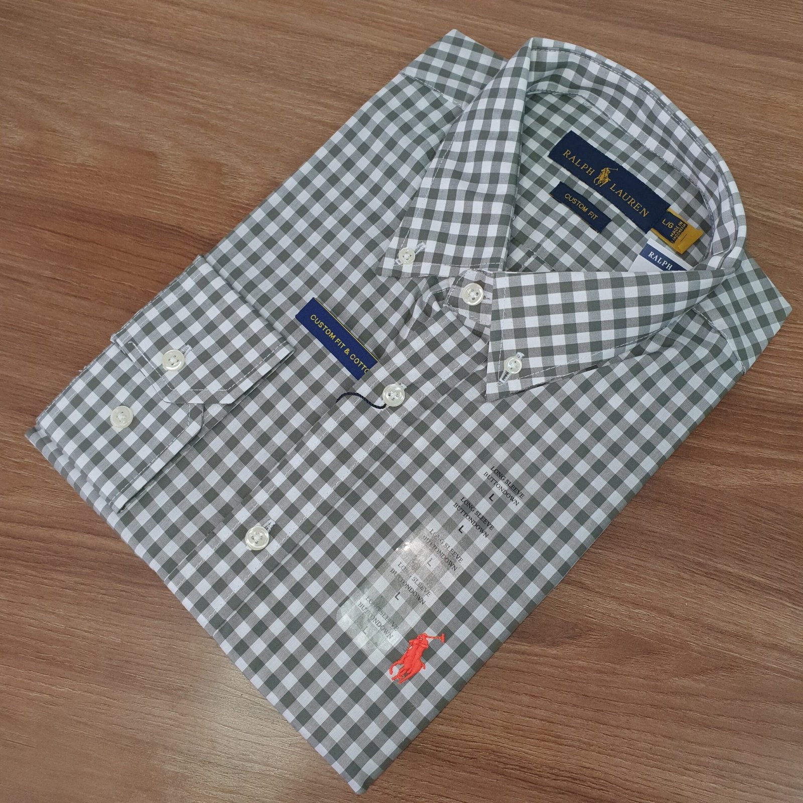 Camisa Ralph Lauren Masculina Xadrez Cinzento Pony Laranja