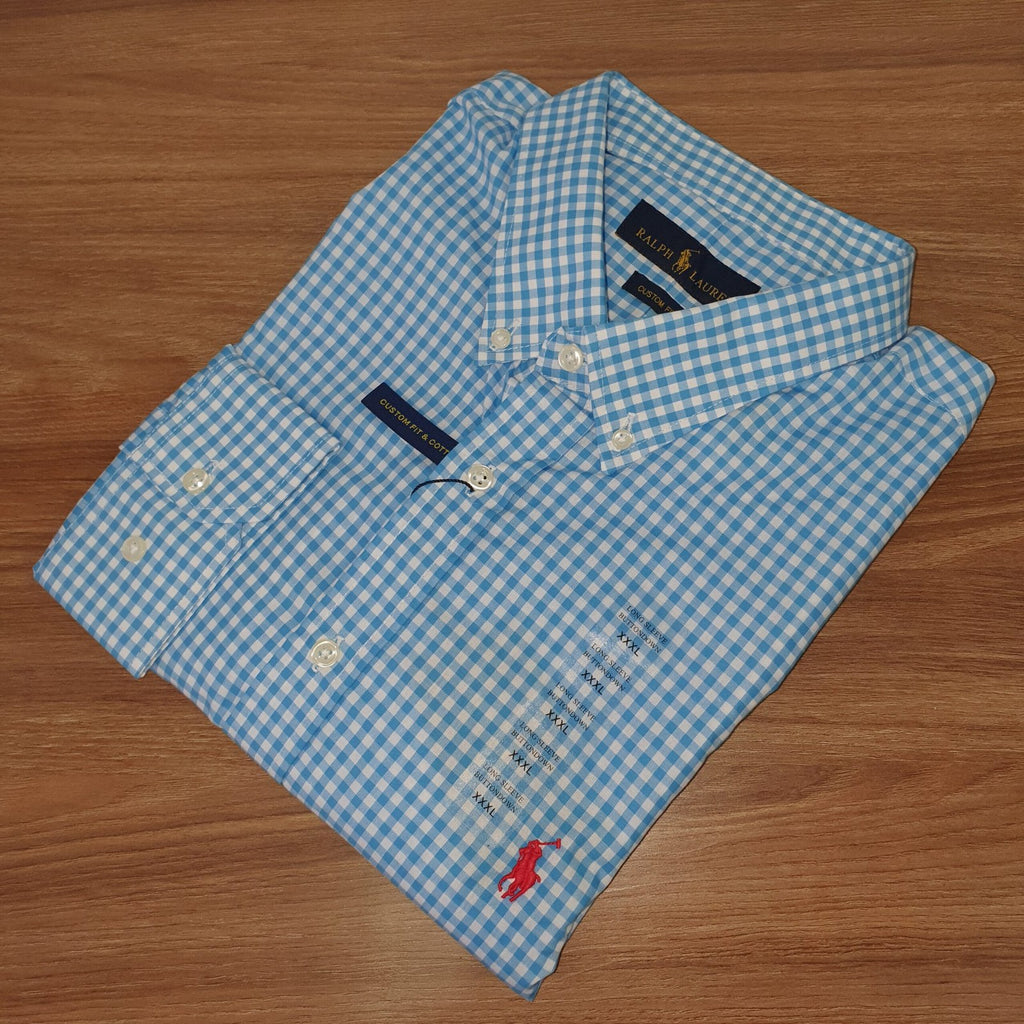 Camisa Ralph Lauren Masculina Xadrez Azul Oceano Pony Vermelho