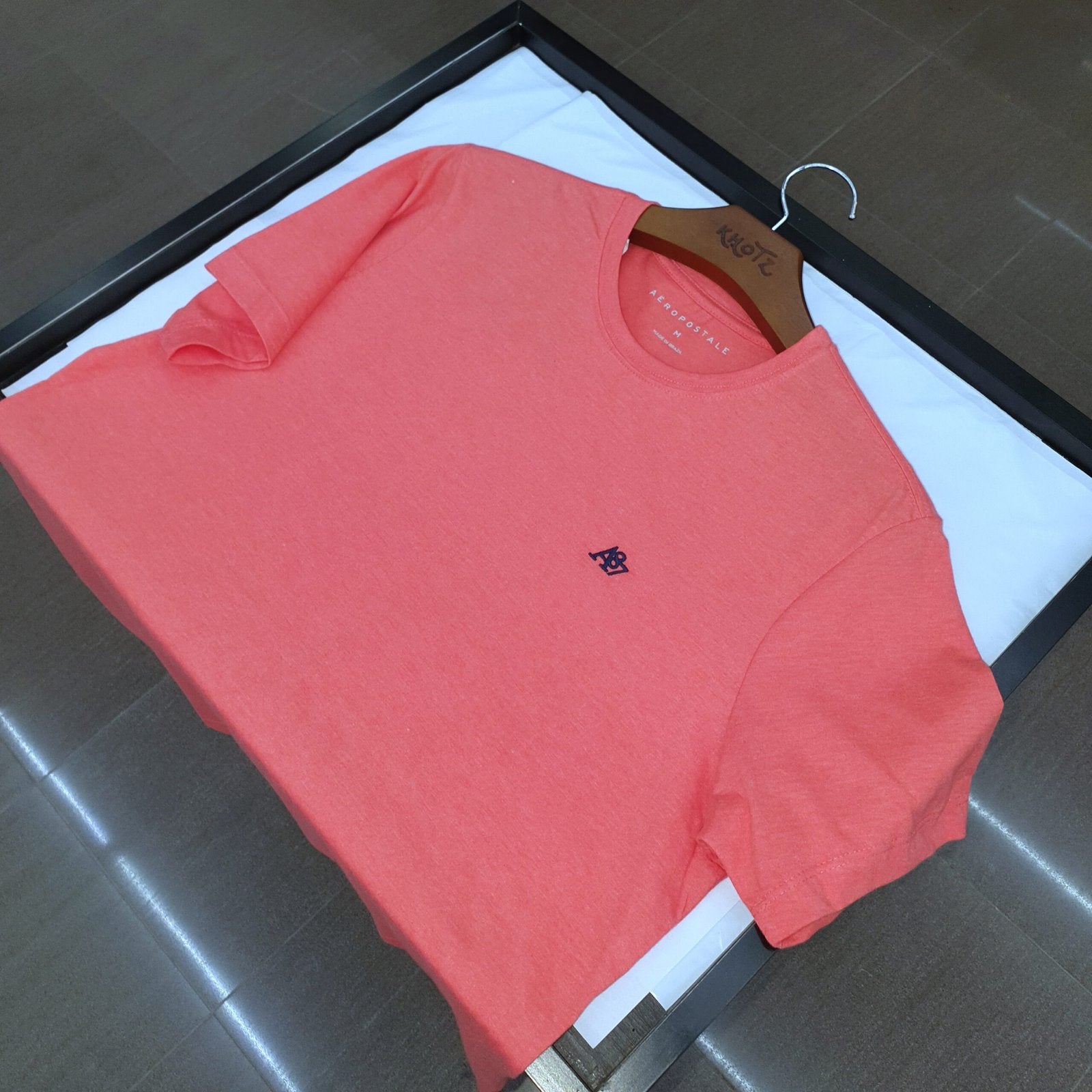 Camiseta Básica Aeropostale Masculina Salmão Mescla Logo Preto