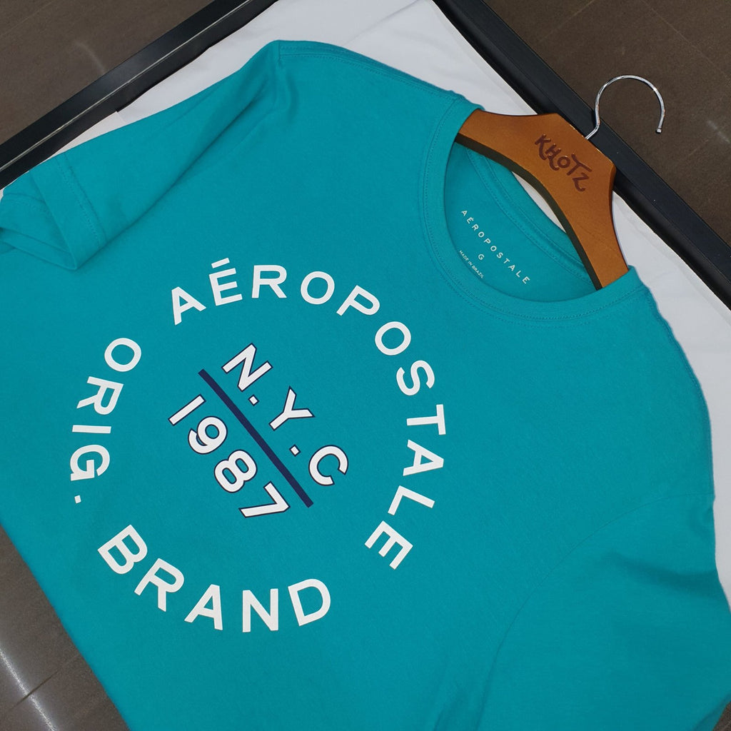 Camiseta Aeropostale Masculina NYC 1987 cor Verde Água