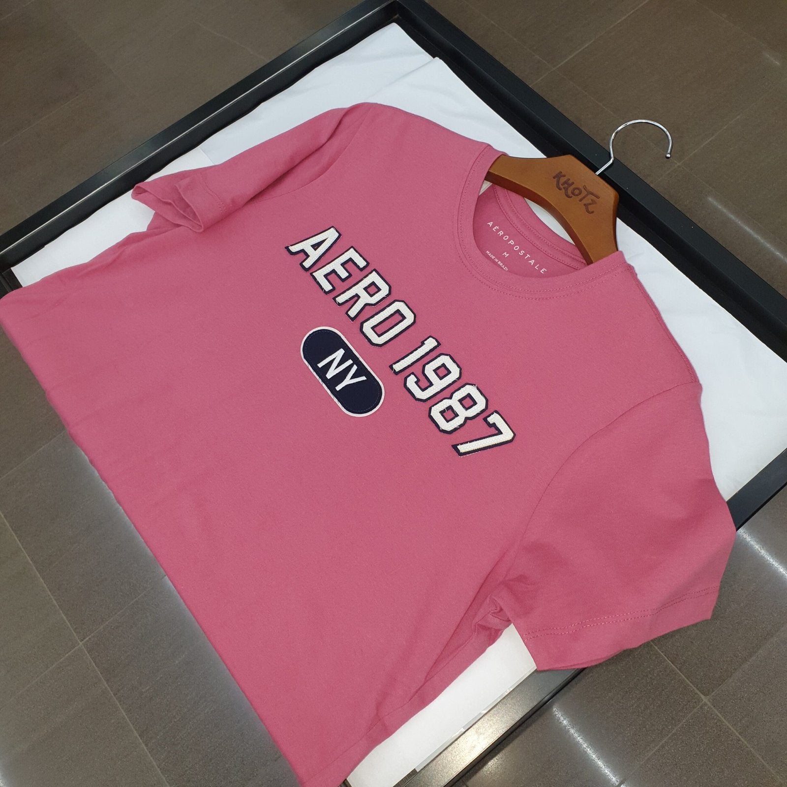 Camiseta Aeropostale Masculina Rosa NY 1987 Logo Branco