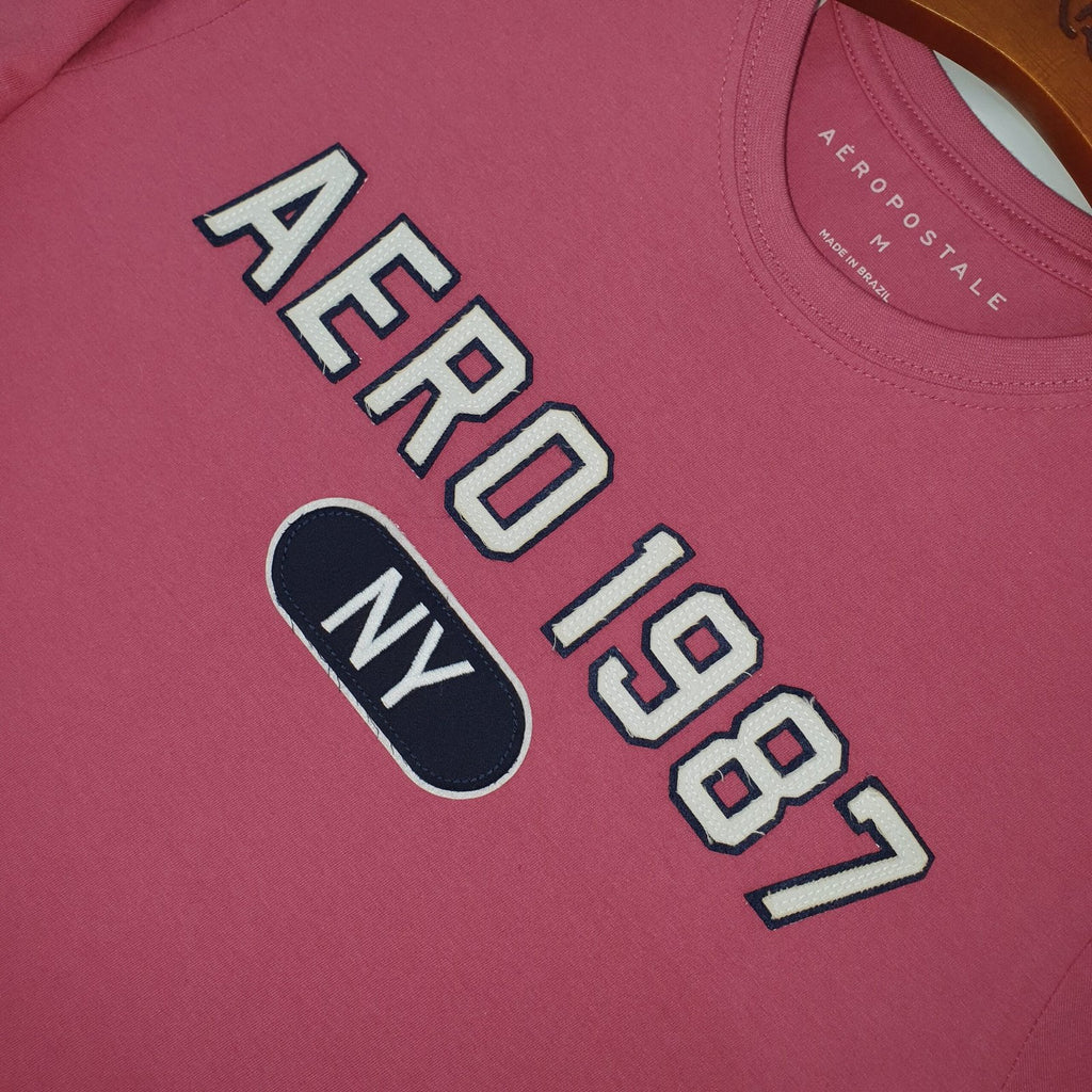 Camiseta Aeropostale Masculina Rosa NY 1987 Logo Branco
