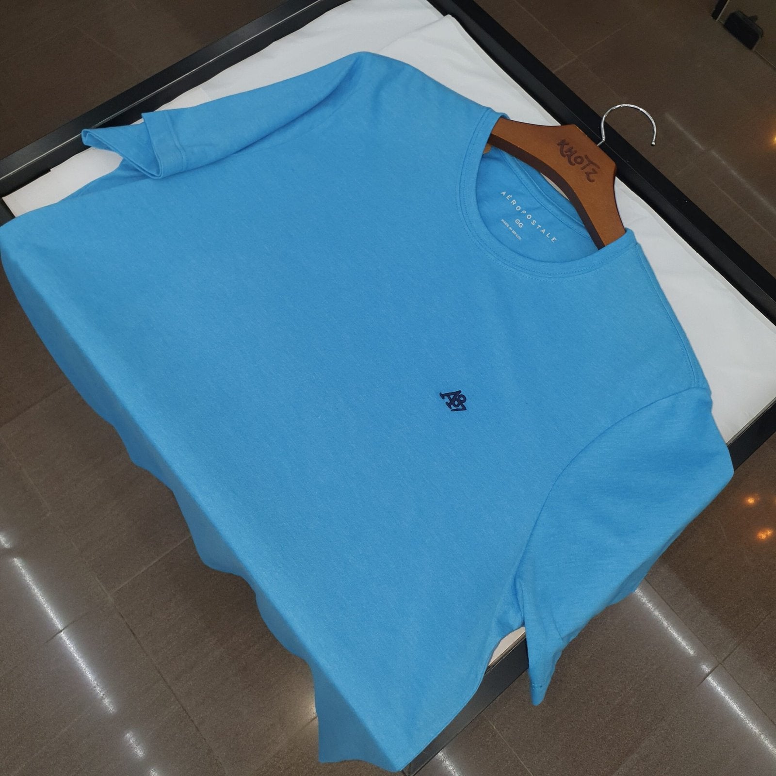 Camiseta Básica Aeropostale Masculina Azul Oceano Logo Preto