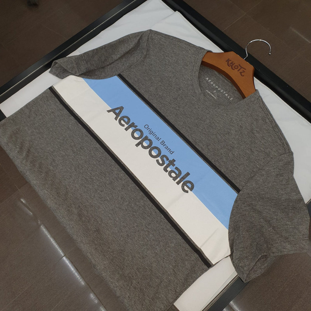 Camiseta Aeropostale Masculina Chumbo Estampa Centralizada Azul e Branco