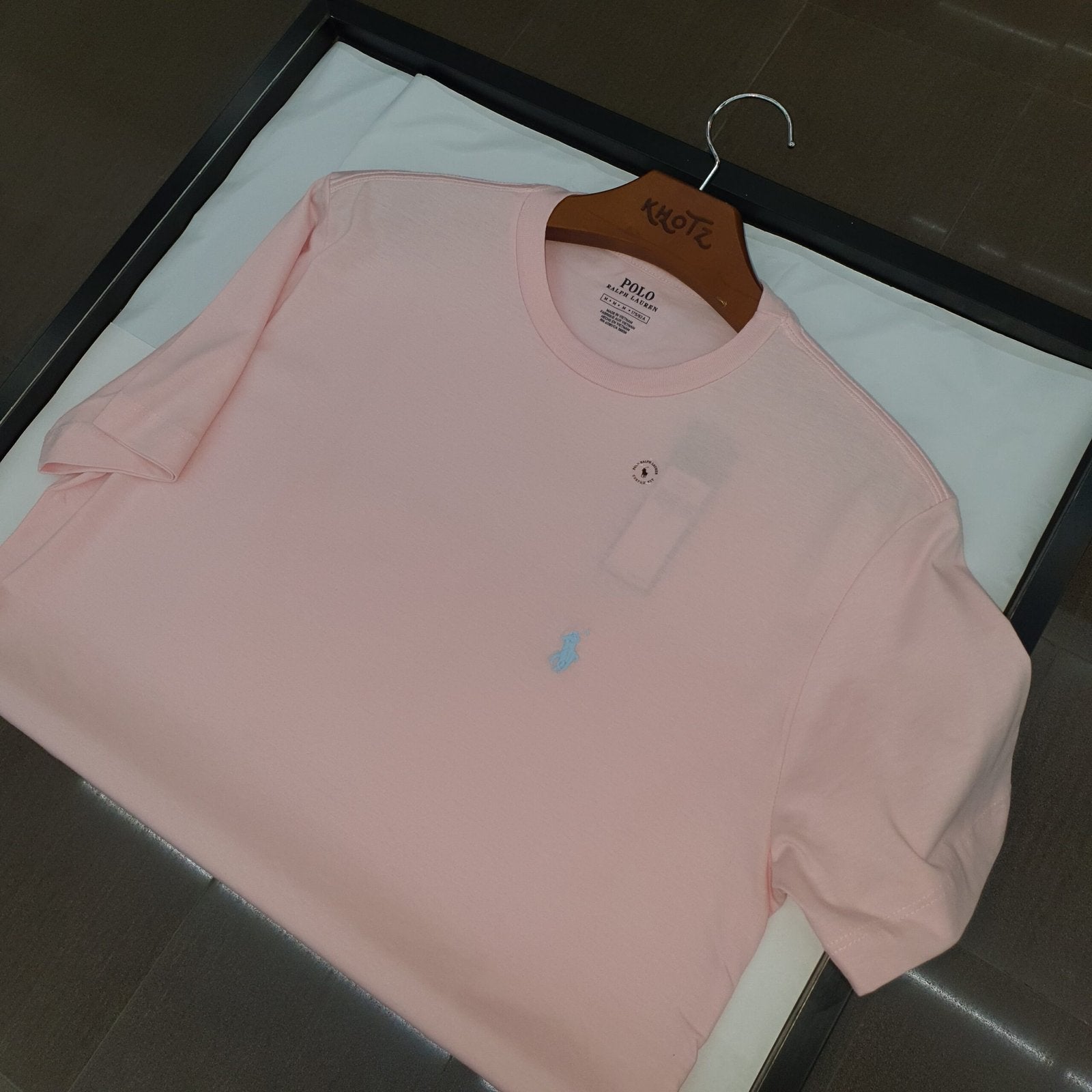 Camiseta Básica Ralph Lauren Masculina Rosa Bebê Pony Azul Neon