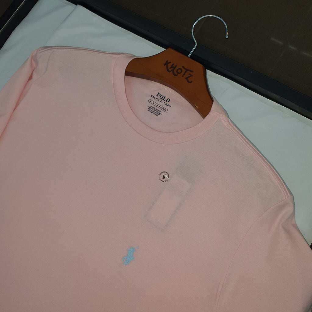 Camiseta Básica Ralph Lauren Masculina Rosa Bebê Pony Azul Neon