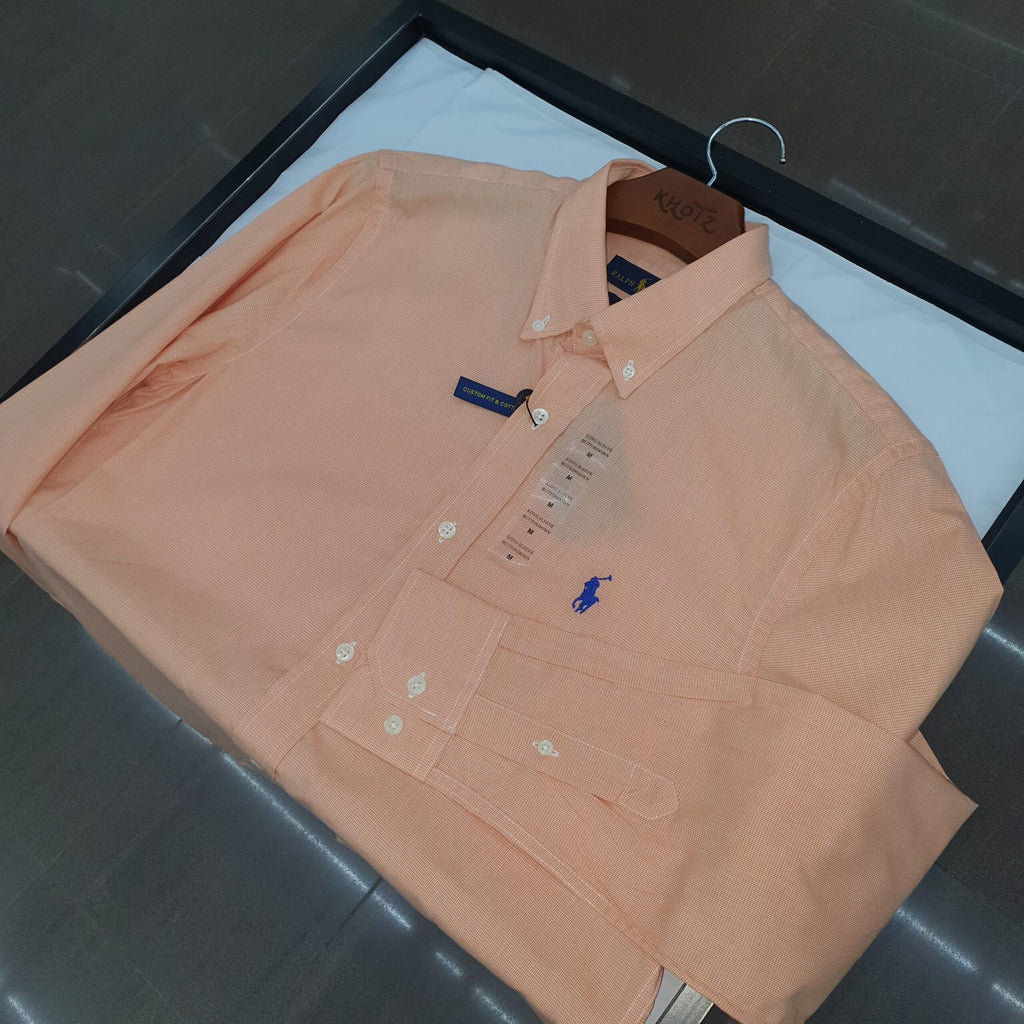 Camisa Ralph Lauren Masculina Tecido Maquinetado Salmão Pony Azul