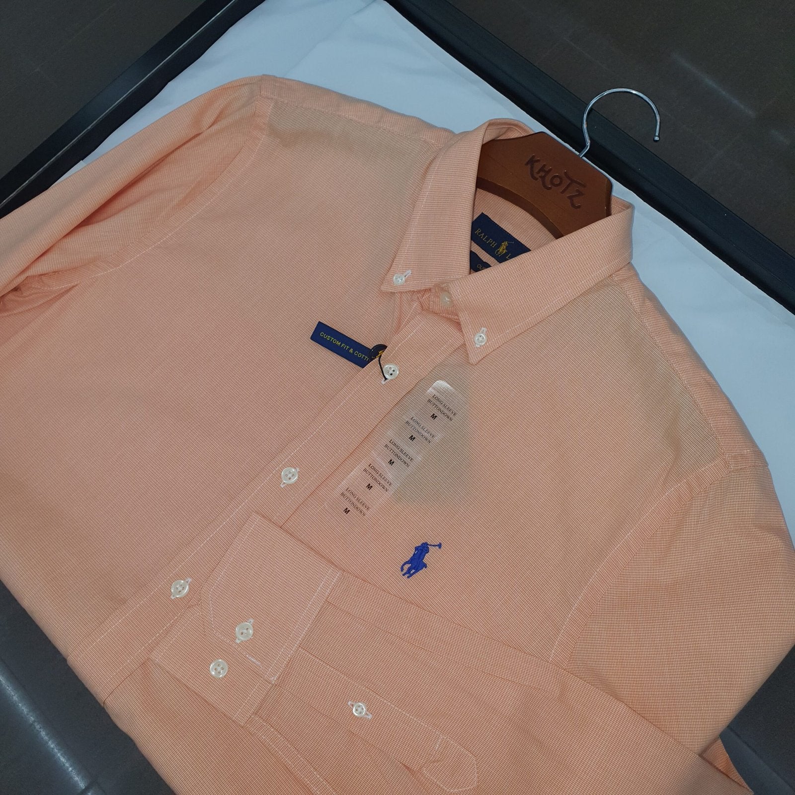 Camisa Ralph Lauren Masculina Tecido Maquinetado Salmão Pony Azul