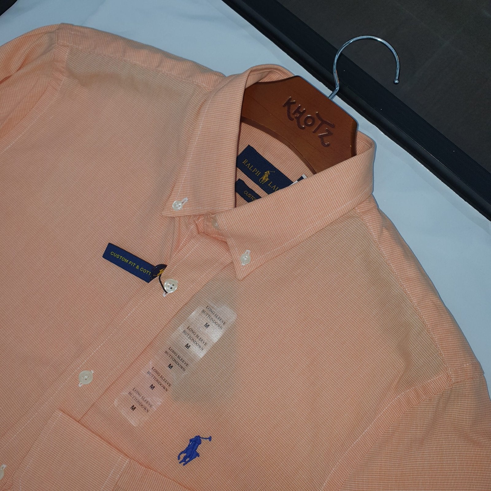 Camisa Ralph Lauren Masculina Tecido Maquinetado Salmão Pony Azul