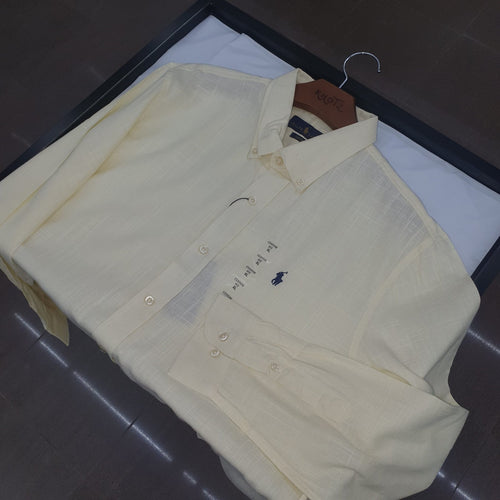 Camisa Ralph Lauren Masculina Linho Amarelo Creme Pony Marinho
