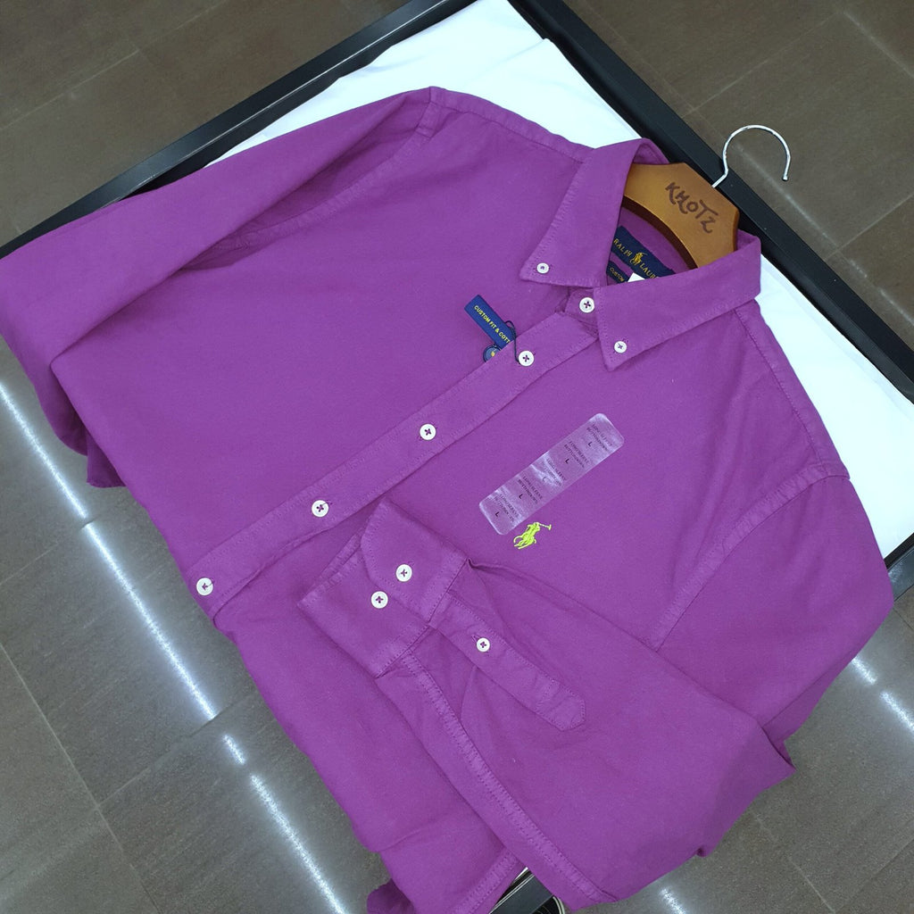 Camisa Ralph Lauren Masculina Oxford Tinturado Roxo Pony Verde Neon