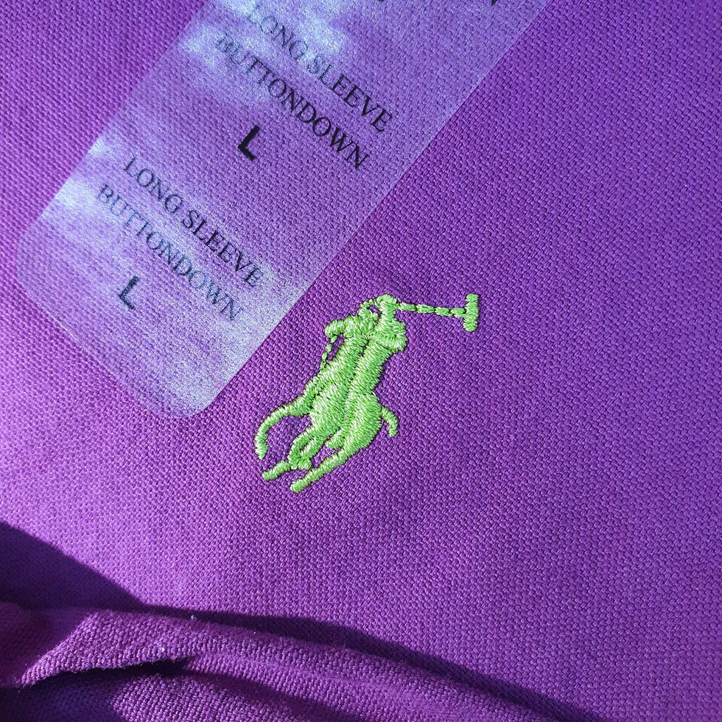 Camisa Ralph Lauren Masculina Oxford Tinturado Roxo Pony Verde Neon