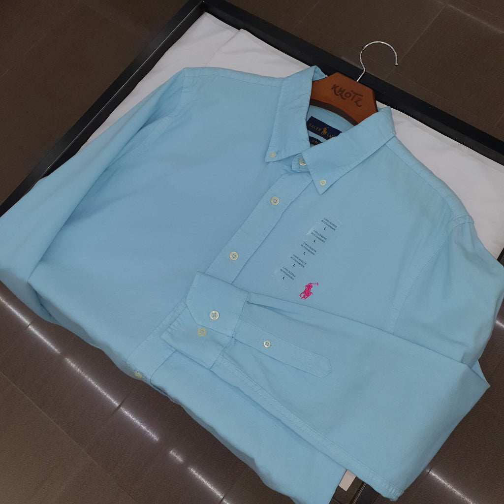 Camisa Ralph Lauren Masculina Oxford Tinturado Azul Bebê Pony Rosa