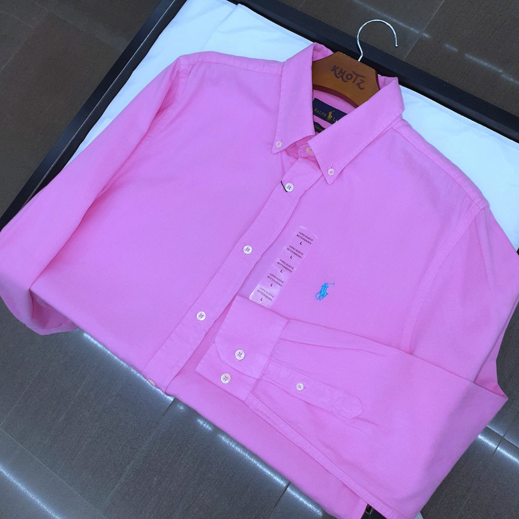 Camisa Ralph Lauren Masculina Oxford Tinturado Rosa Pony Celeste
