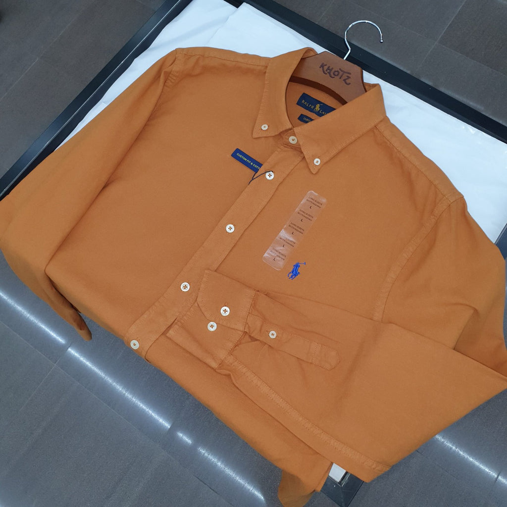 Camisa Ralph Lauren Masculina Oxford Tinturado Caramelo Pony Azul