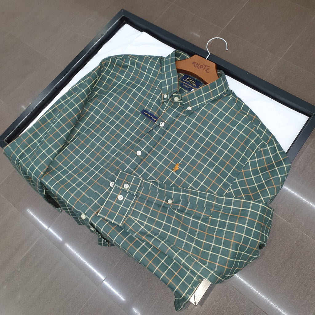 Camisa Ralph Lauren Masculina Oxford Xadrez Invernal Verde Pony Abóbora
