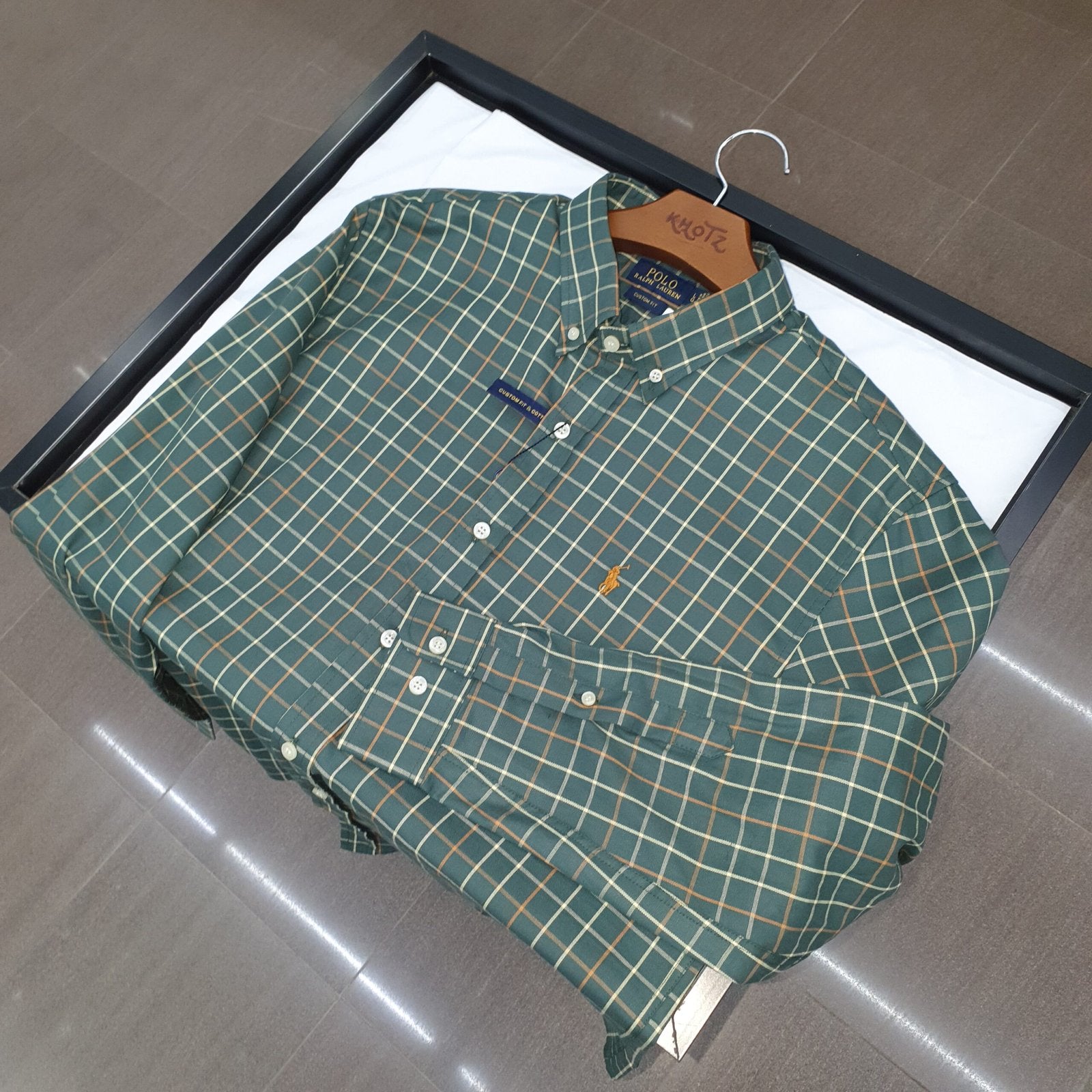 Camisa Ralph Lauren Masculina Oxford Xadrez Invernal Verde Pony Abóbora