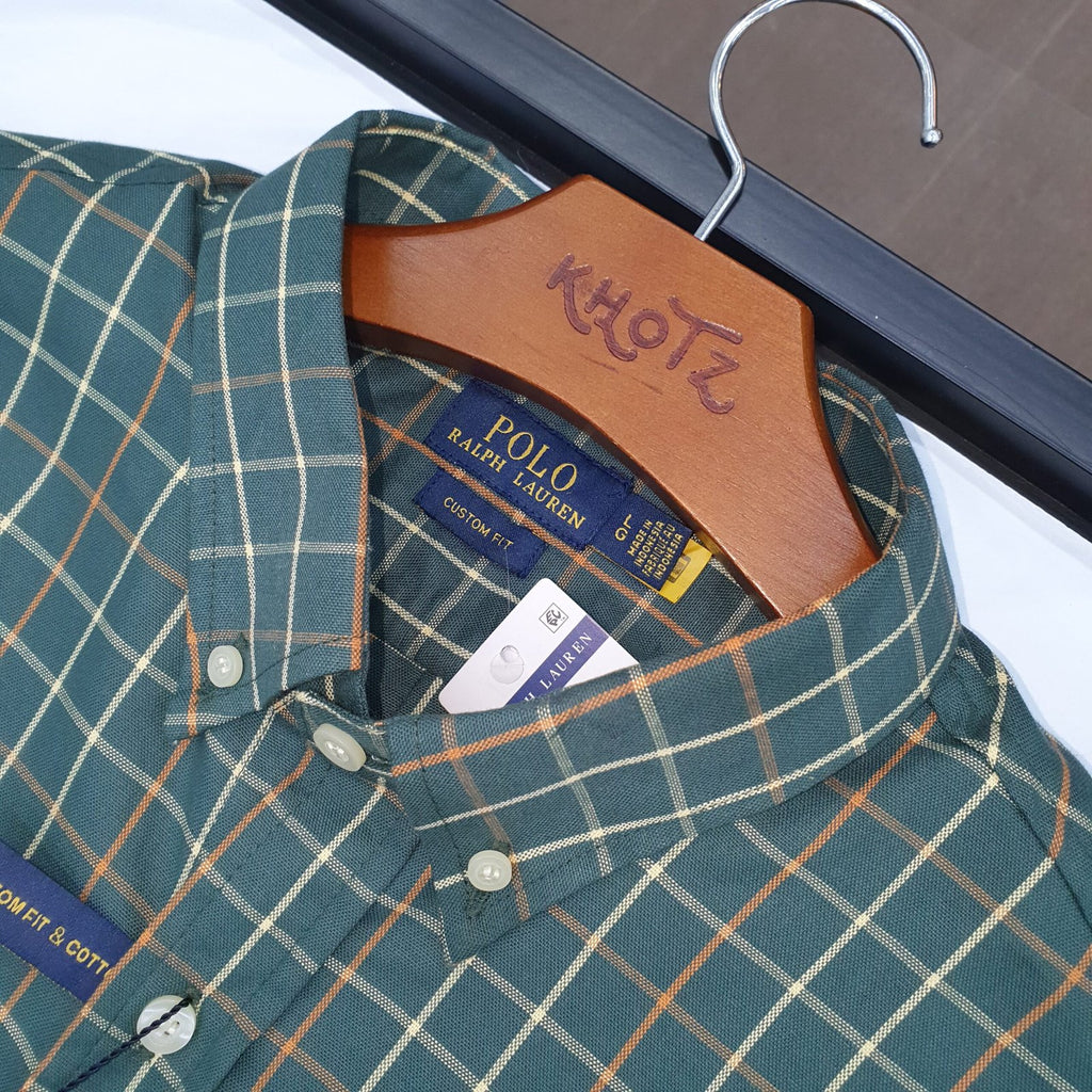 Camisa Ralph Lauren Masculina Oxford Xadrez Invernal Verde Pony Abóbora