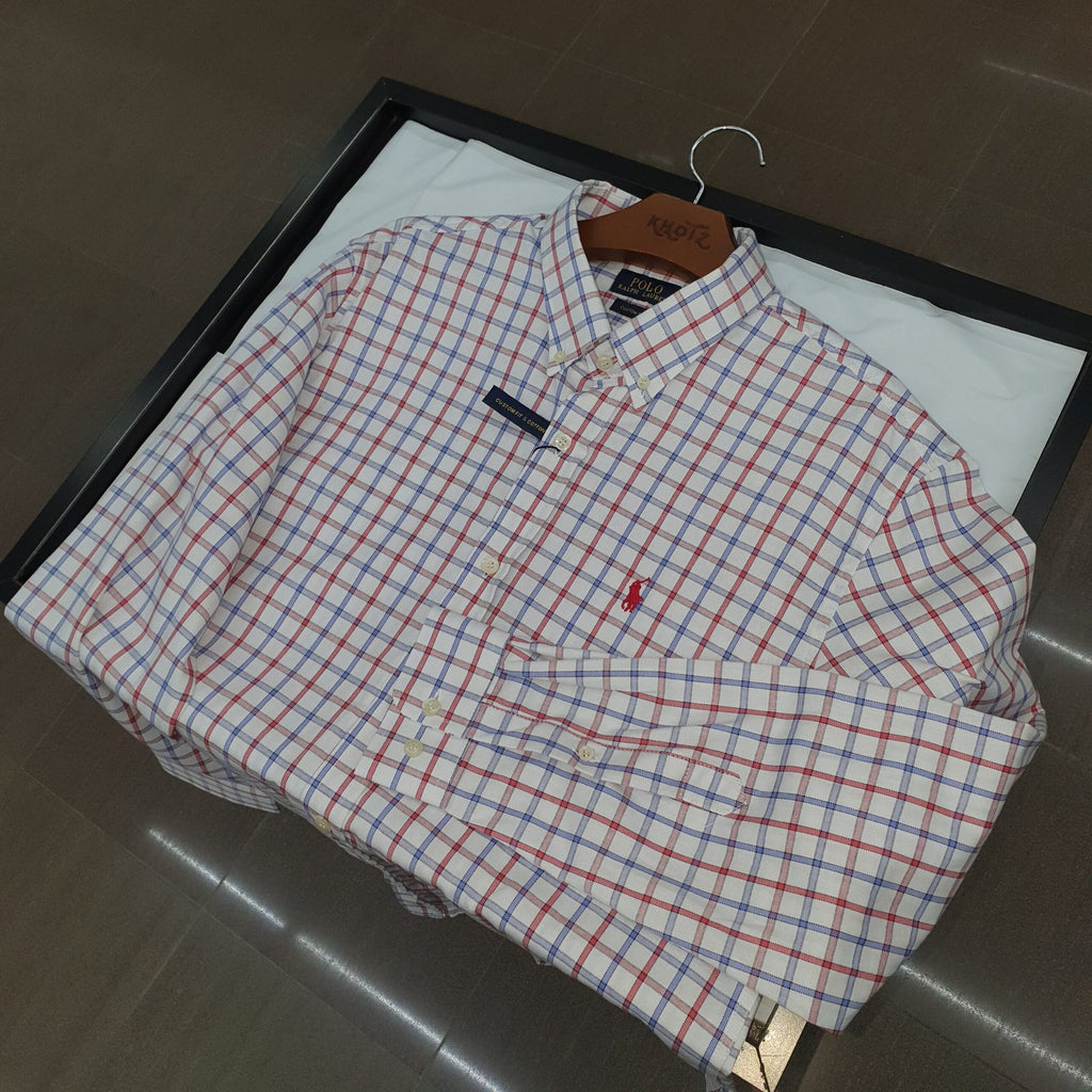 Camisa Ralph Lauren Masculina Oxford Xadrez Invernal Branca Pony Vermelho