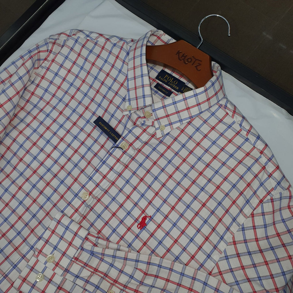 Camisa Ralph Lauren Masculina Oxford Xadrez Invernal Branca Pony Vermelho