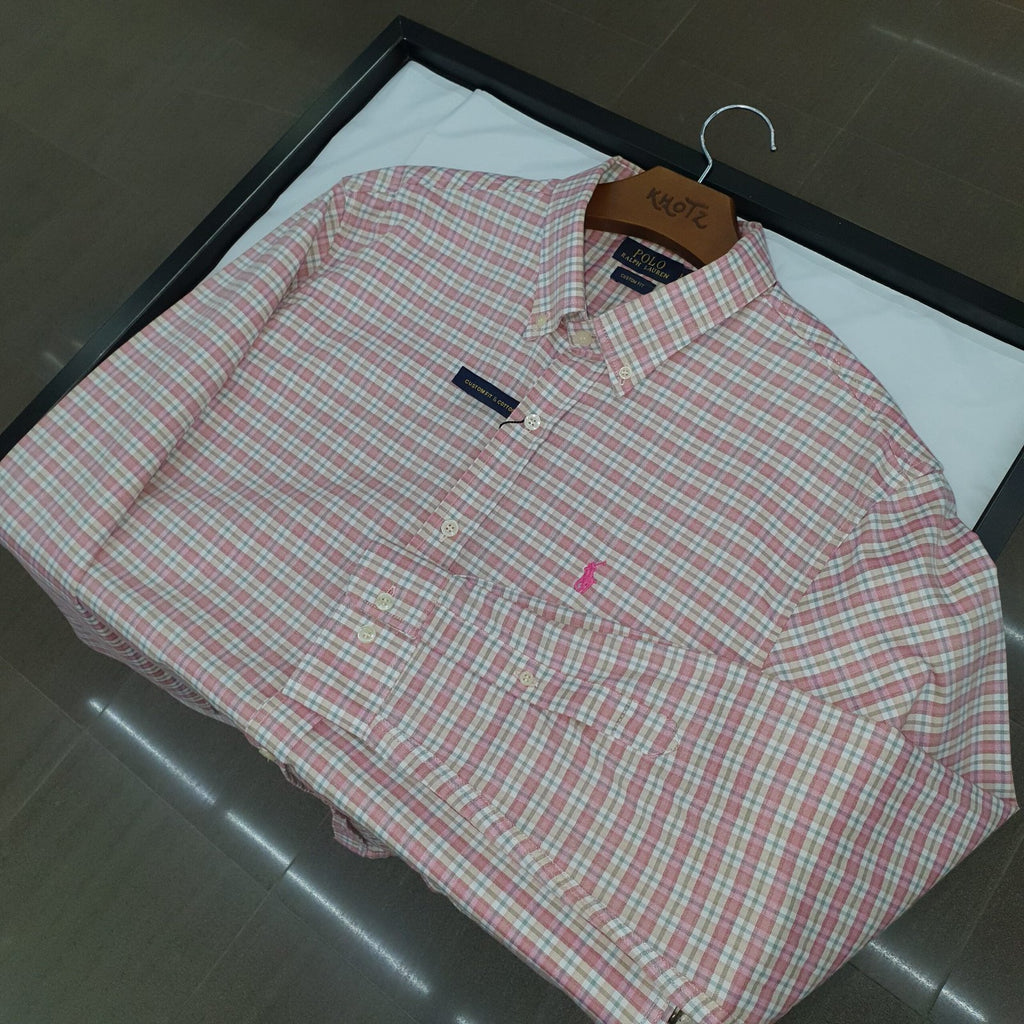 Camisa Ralph Lauren Masculina Oxford Xadrez Invernal Rosa Pony Goiaba