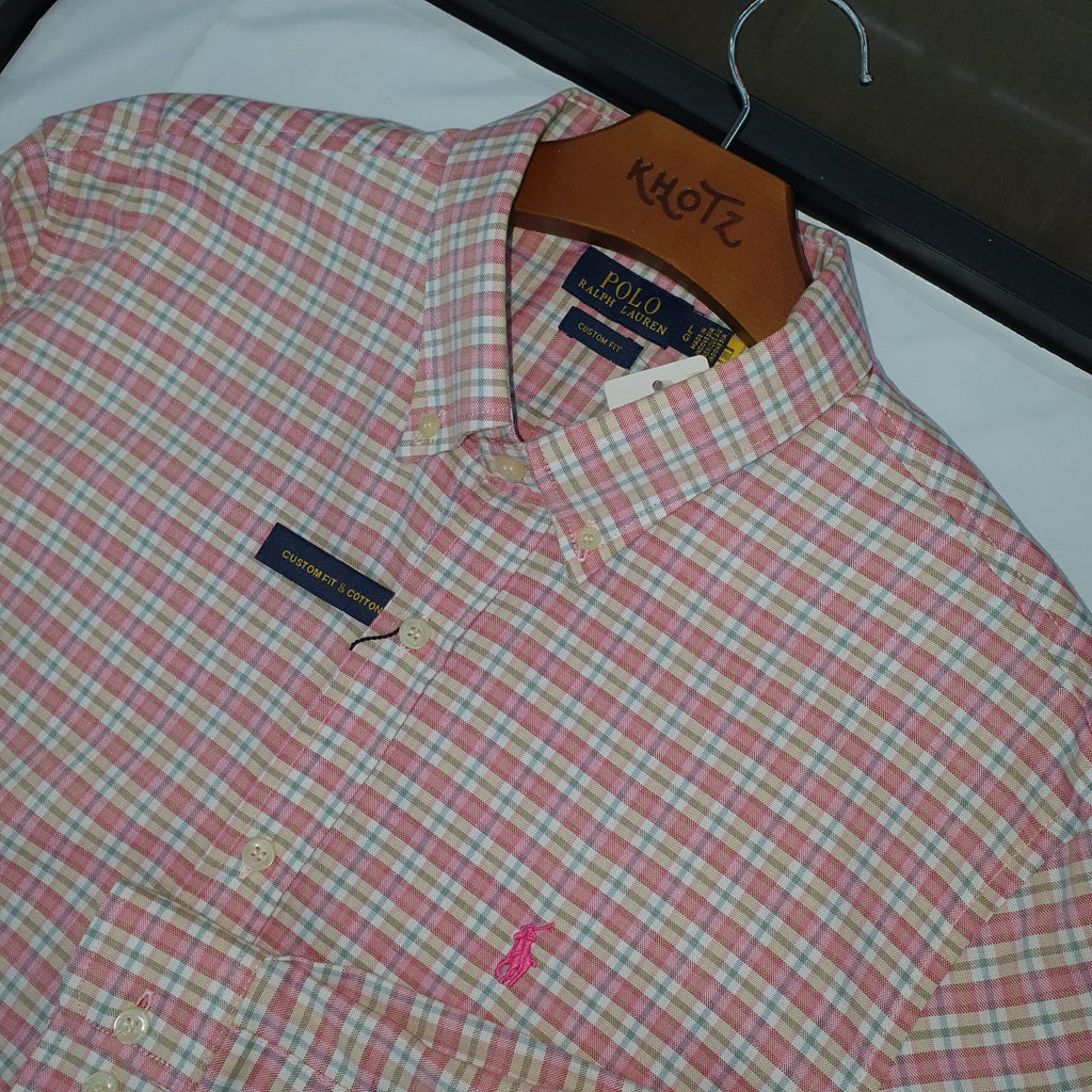 Camisa Ralph Lauren Masculina Oxford Xadrez Invernal Rosa Pony Goiaba
