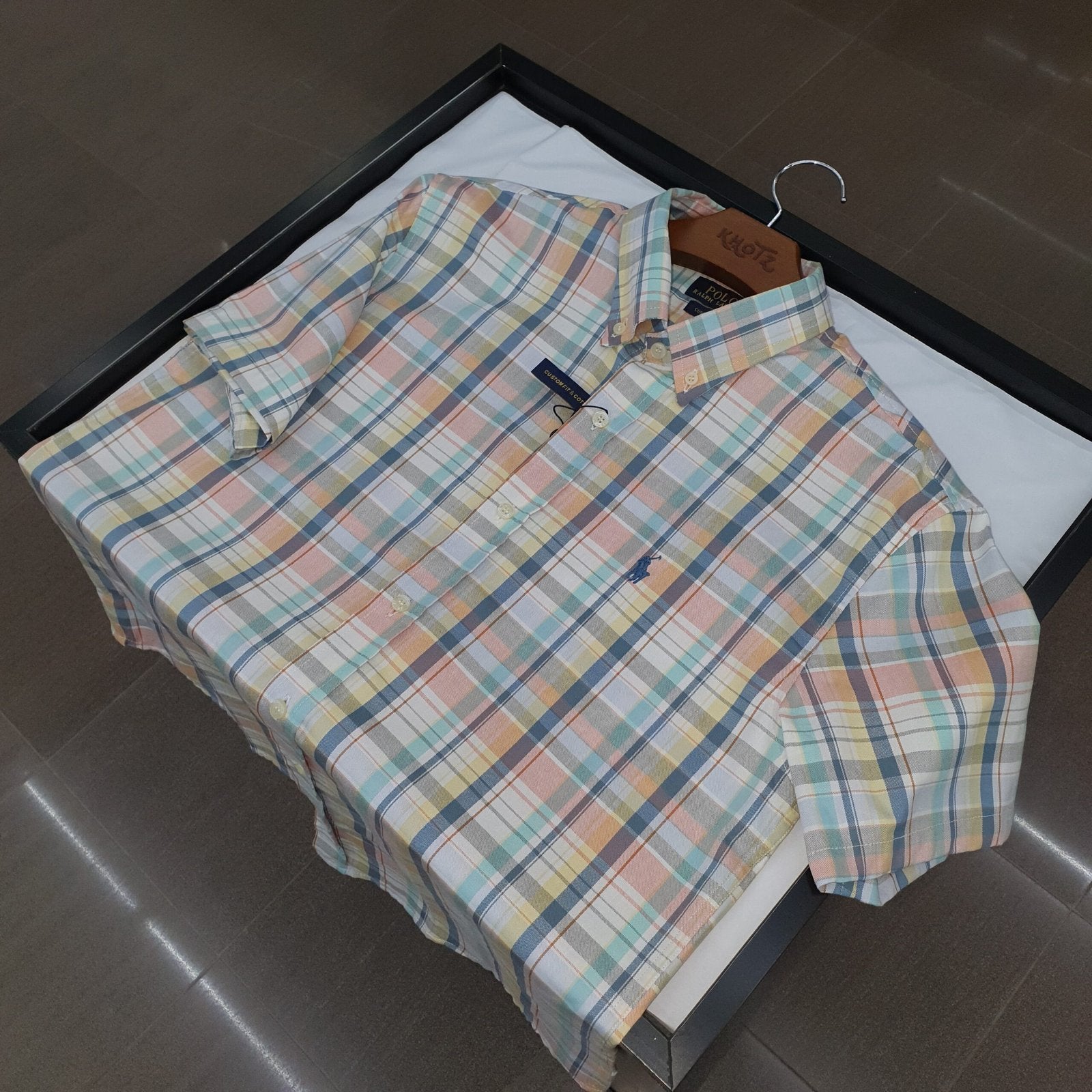 Camisa Ralph Lauren Masculina Manga Curta Xadrez Aquarela Americano Pony Azul Celeste