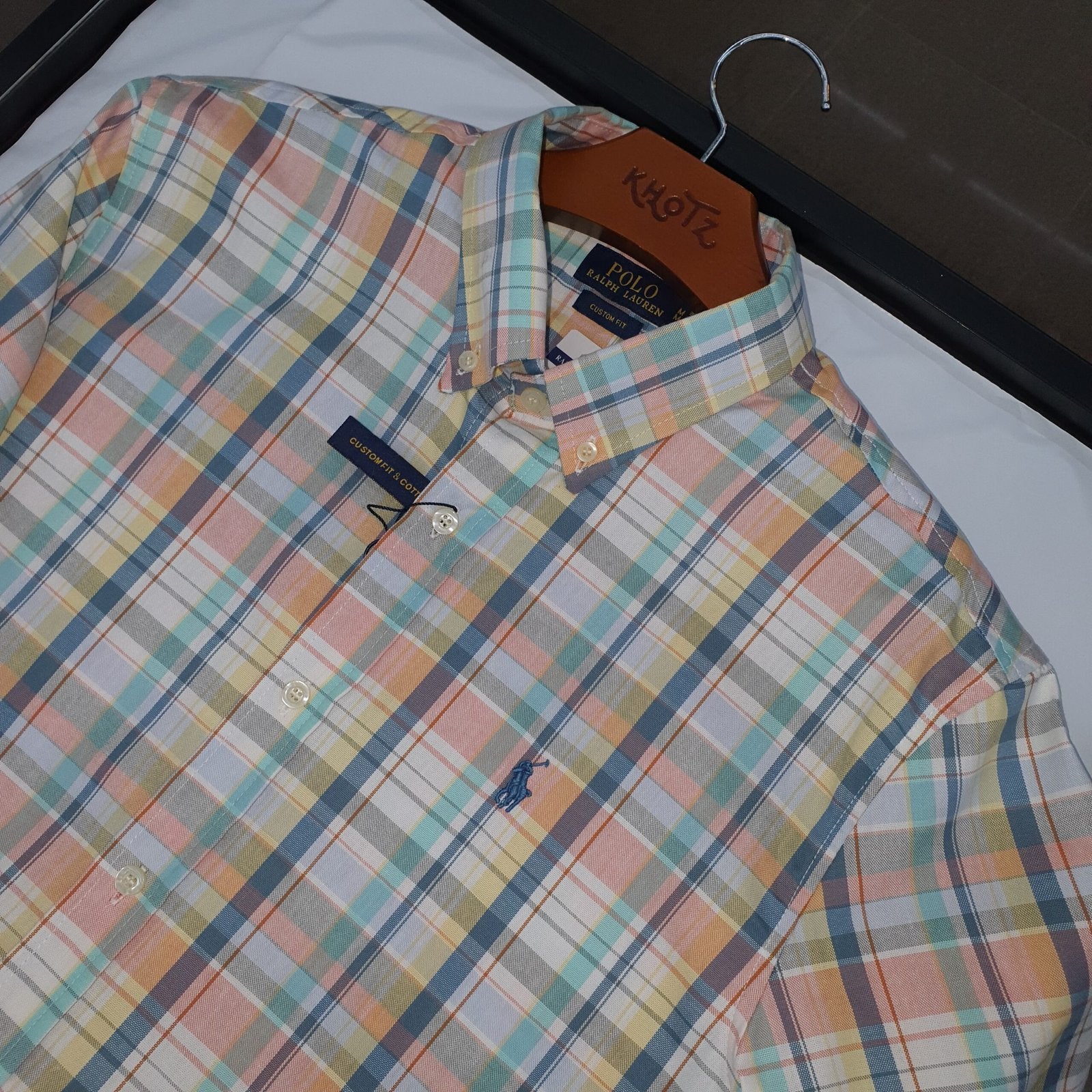 Camisa Ralph Lauren Masculina Manga Curta Xadrez Aquarela Americano Pony Azul Celeste