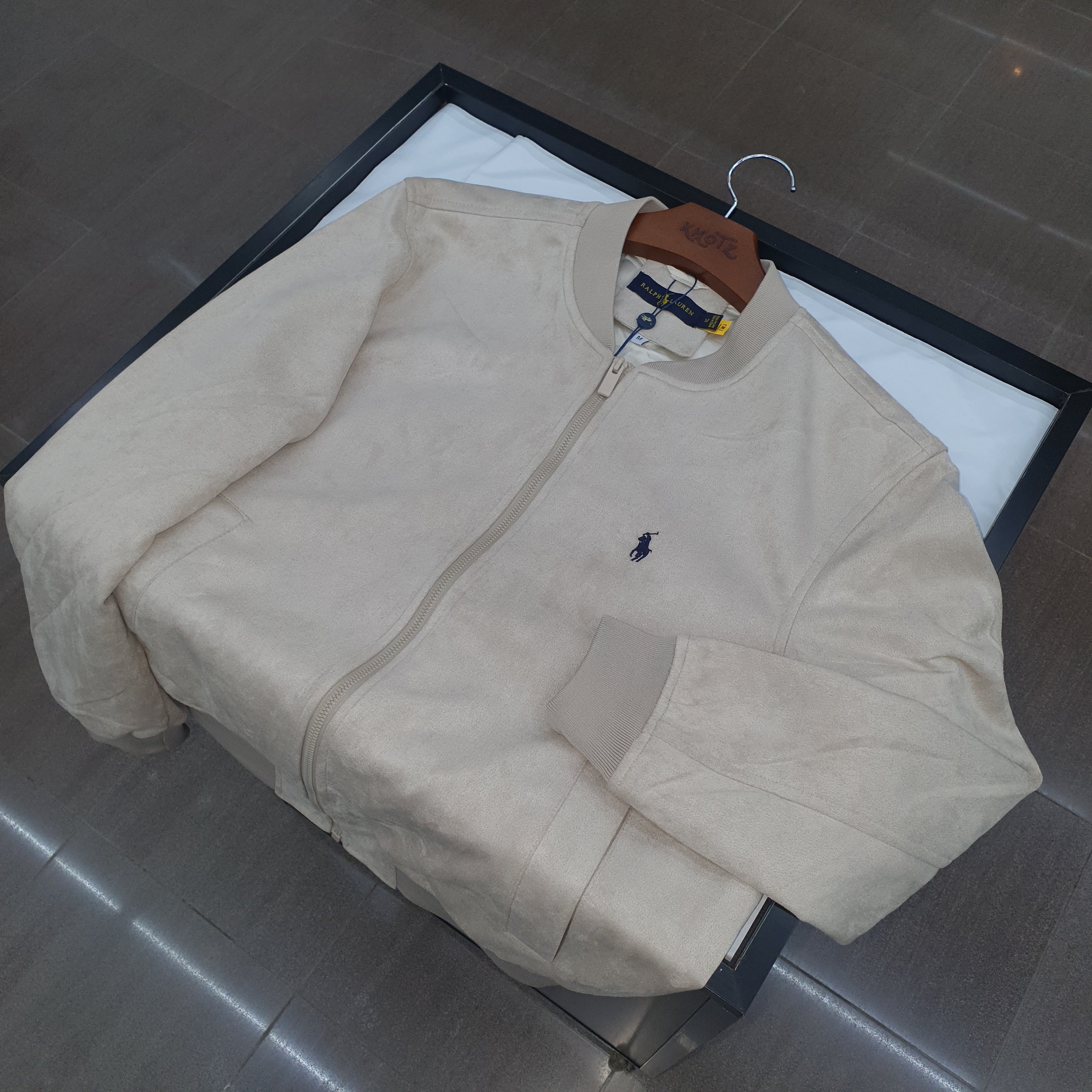 Jaqueta Ralph Lauren Masculina Suede Marmorizada Creme Pony Marinho Ajustada no Corpo