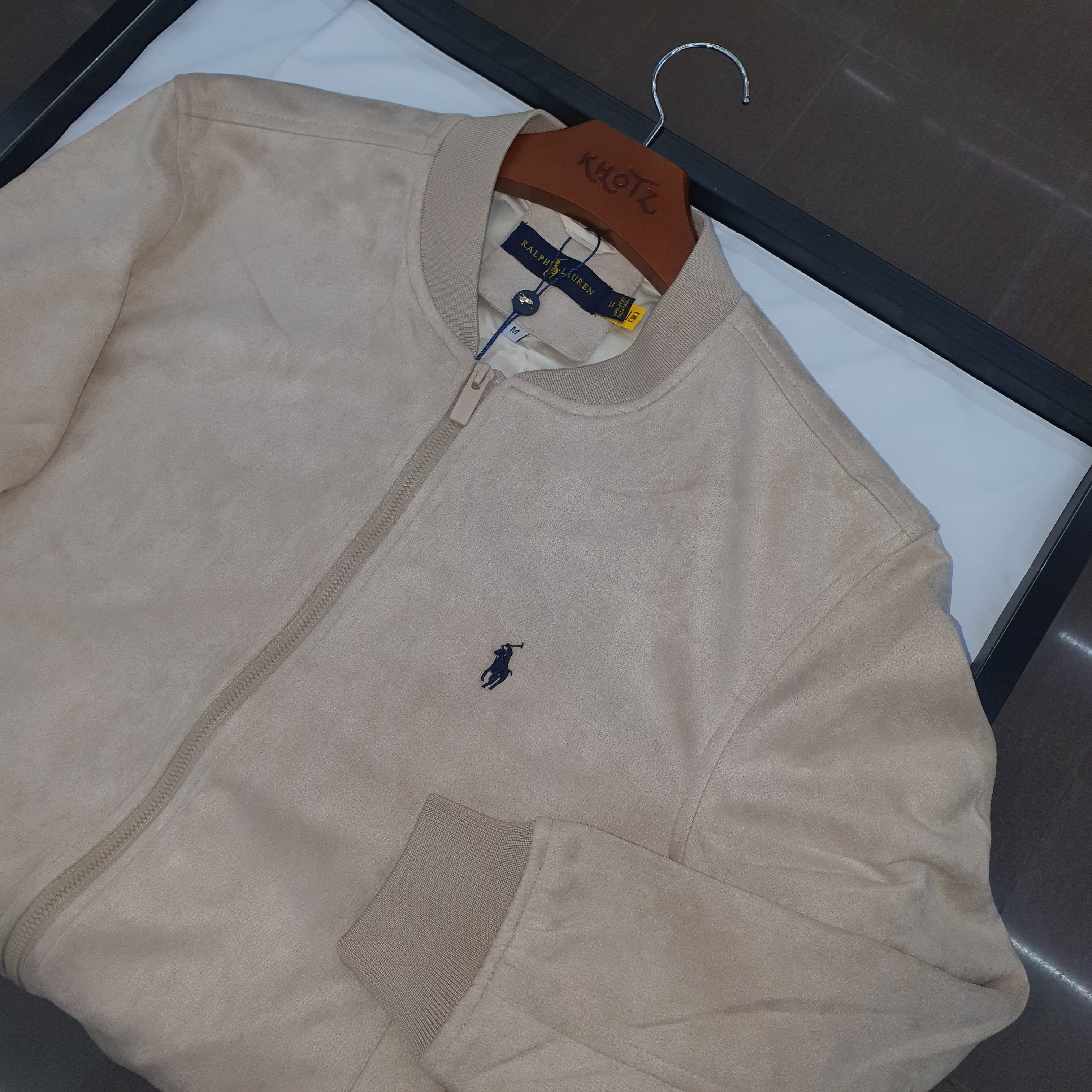 Jaqueta Ralph Lauren Masculina Suede Marmorizada Creme Pony Marinho Ajustada no Corpo