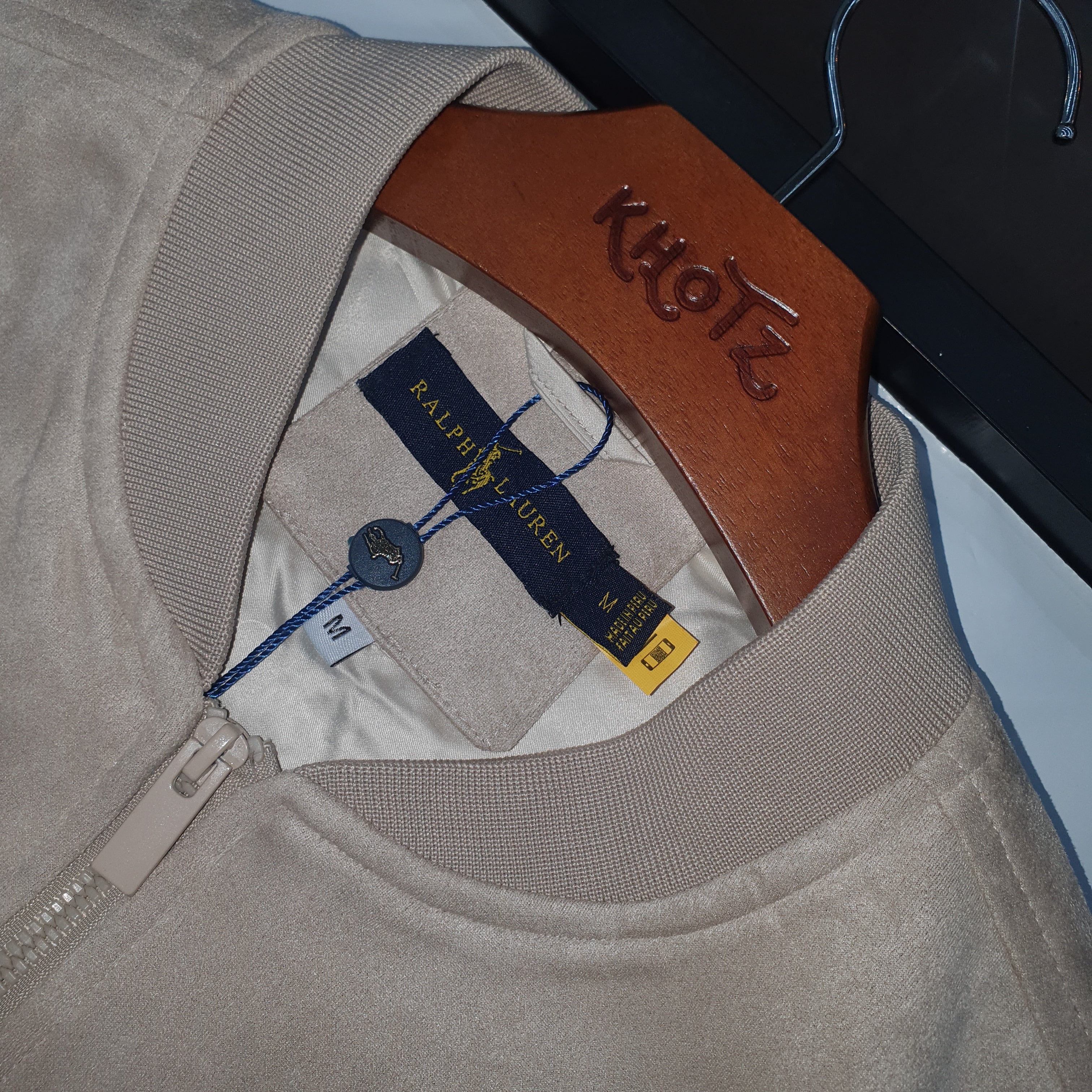 Jaqueta Ralph Lauren Masculina Suede Marmorizada Creme Pony Marinho Ajustada no Corpo
