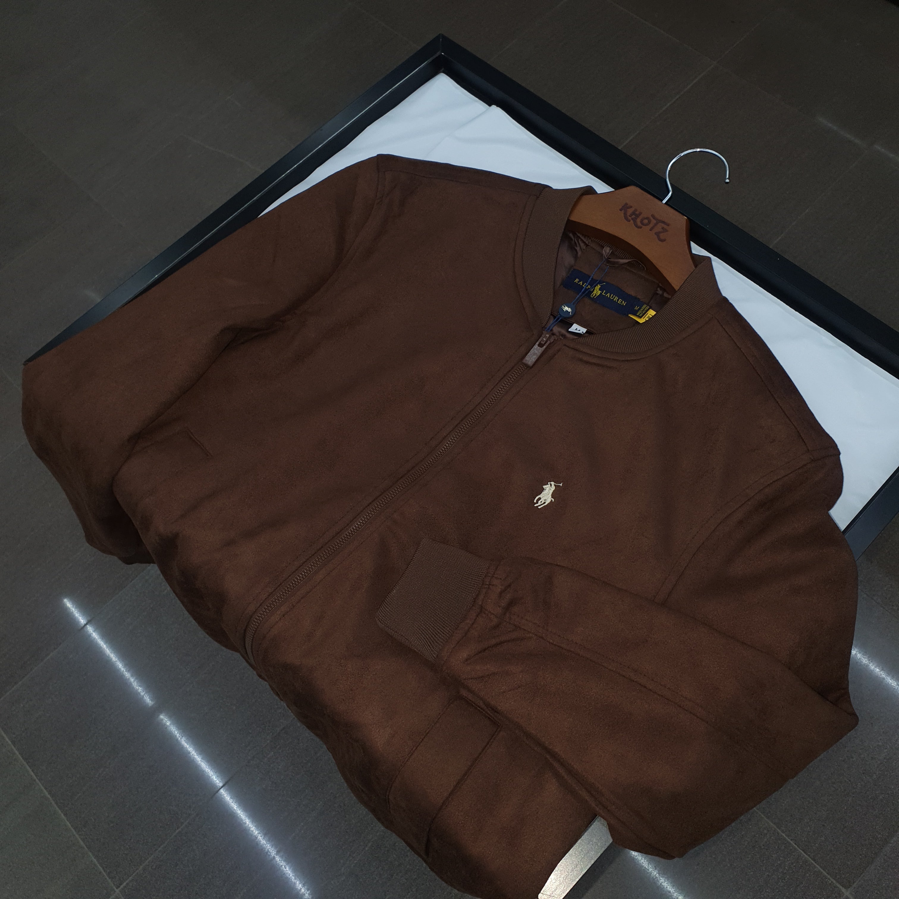 Jaqueta Ralph Lauren Masculina Suede Marmorizada Marrom Pony Creme Ajustada no Corpo