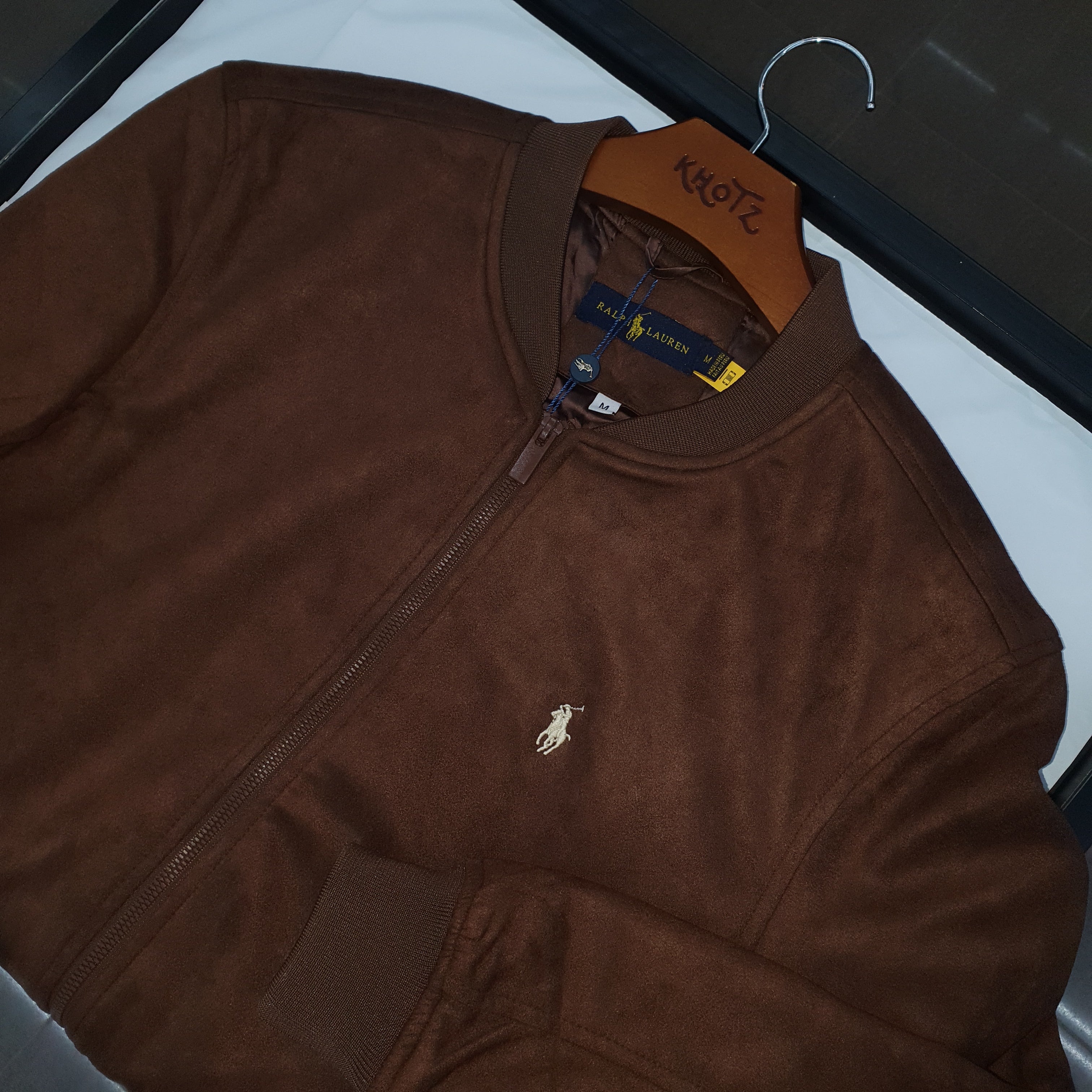 Jaqueta Ralph Lauren Masculina Suede Marmorizada Marrom Pony Creme Ajustada no Corpo