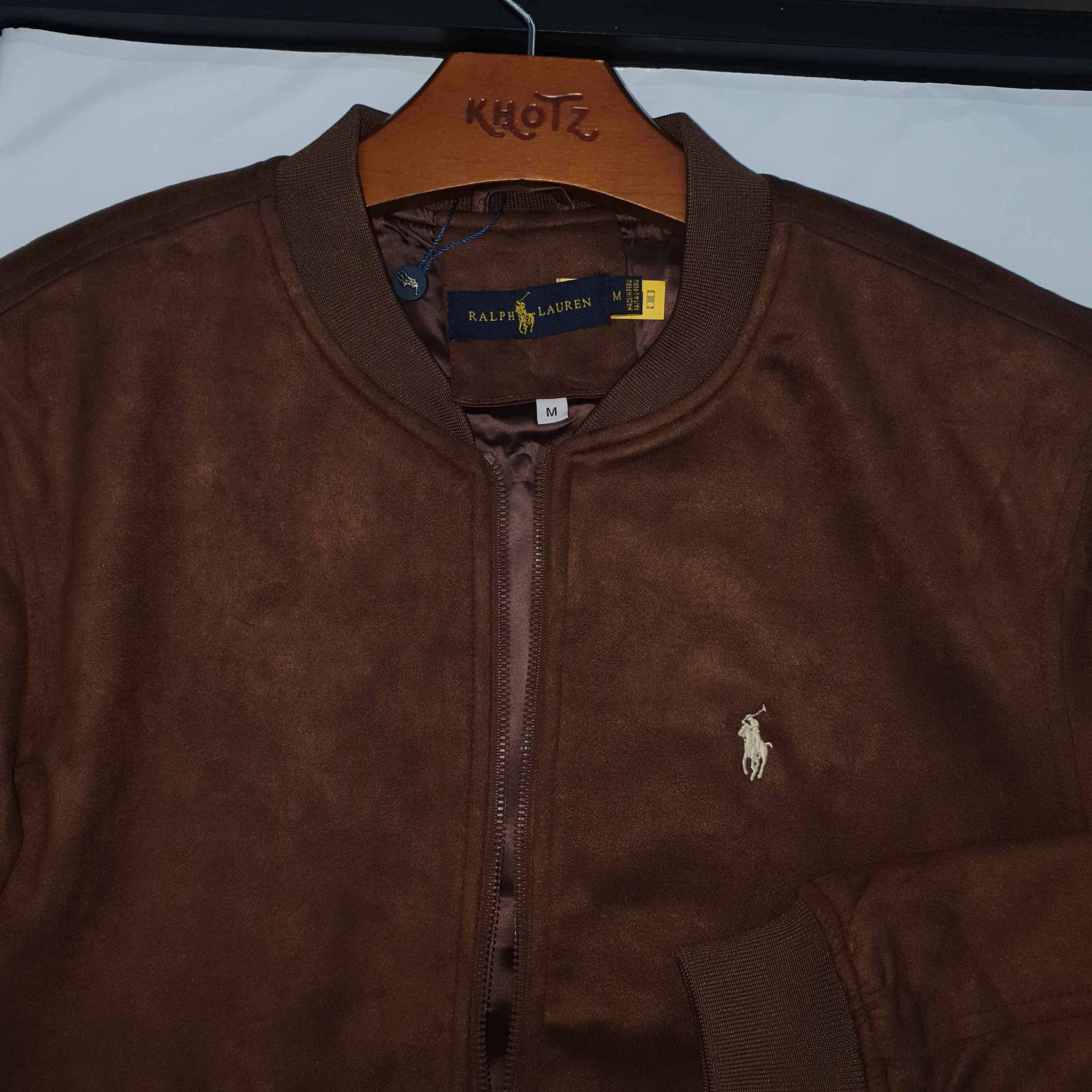 Jaqueta Ralph Lauren Masculina Suede Marmorizada Marrom Pony Creme Ajustada no Corpo