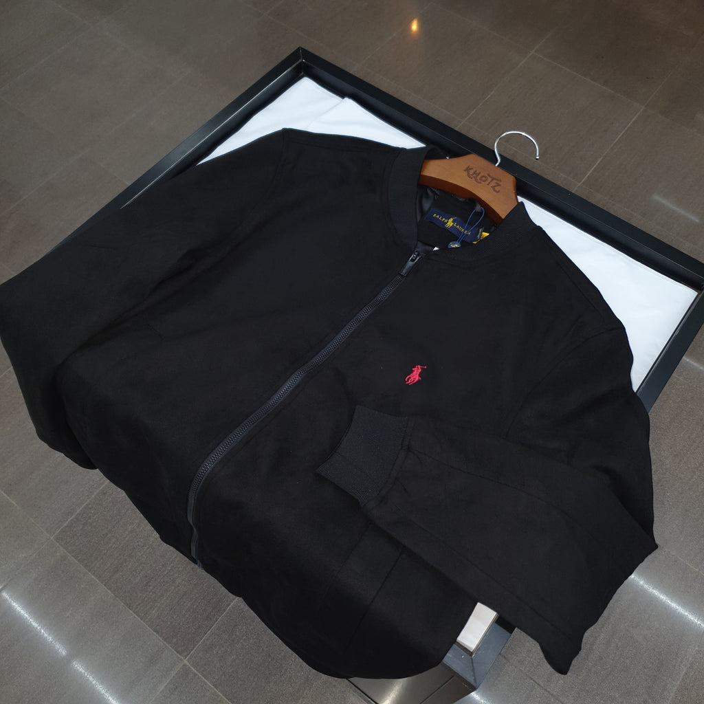 Jaqueta Ralph Lauren Masculina Suede Marmorizada Preta Pony Vermelho Ajustada no Corpo