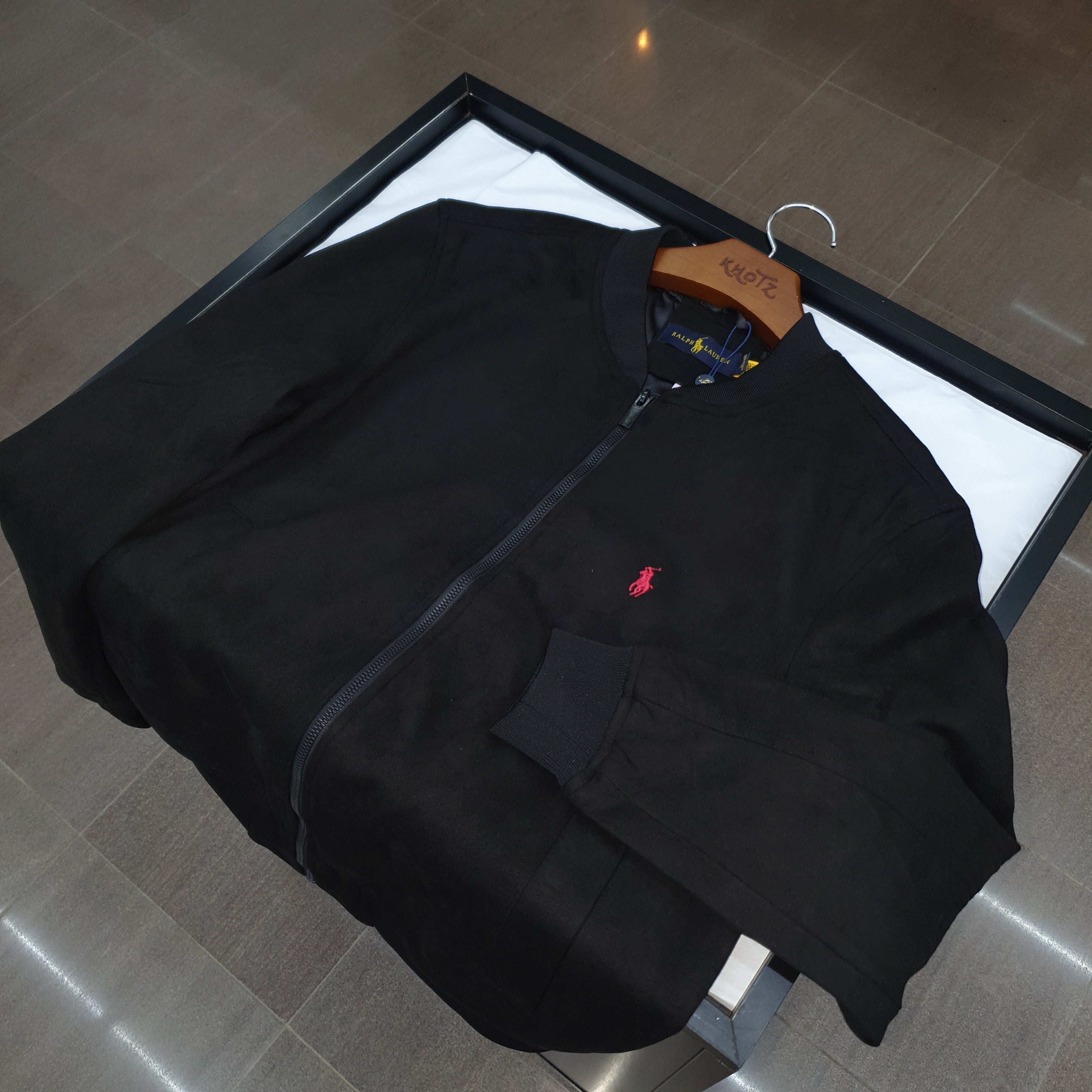 Jaqueta Ralph Lauren Masculina Suede Marmorizada Preta Pony Vermelho Ajustada no Corpo