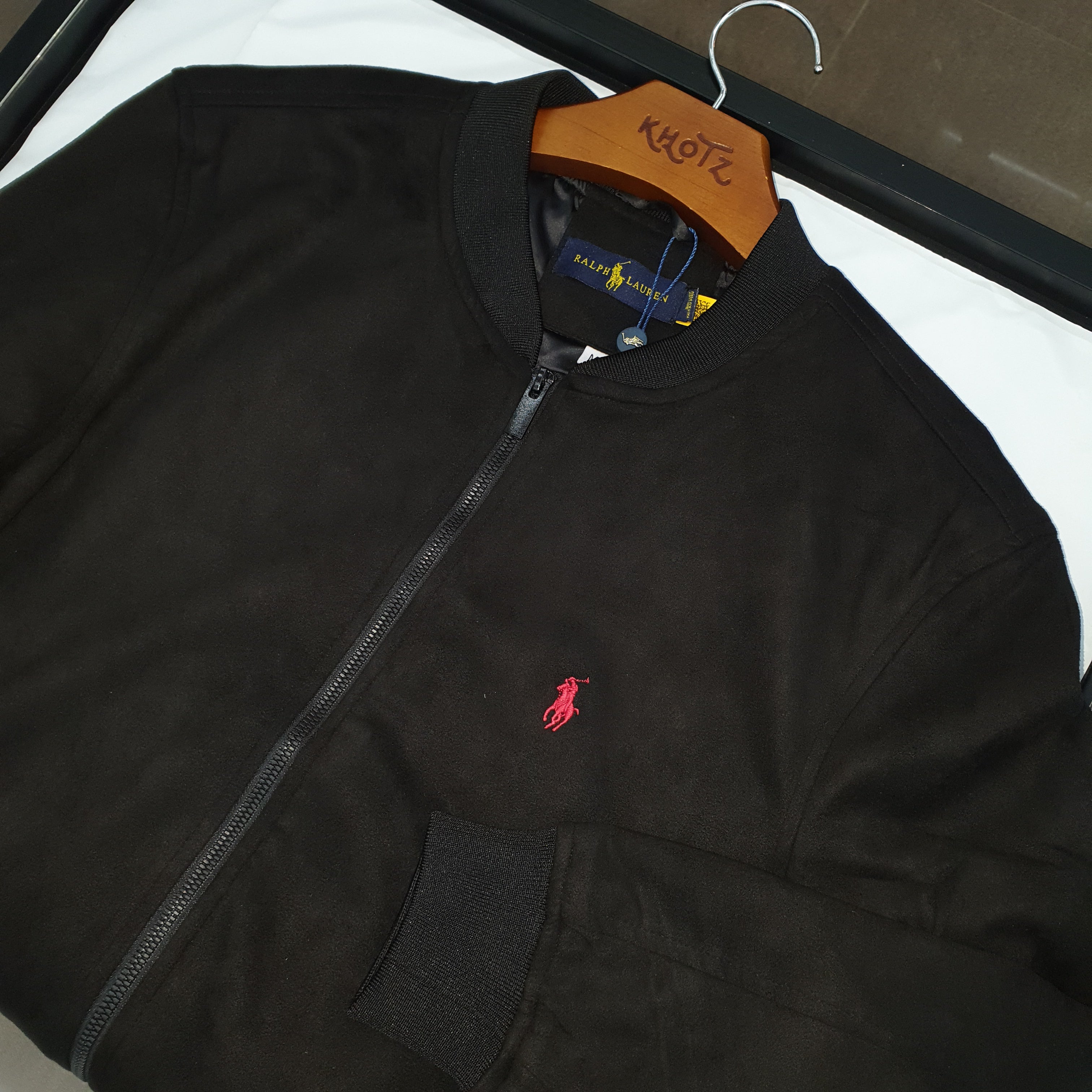 Jaqueta Ralph Lauren Masculina Suede Marmorizada Preta Pony Vermelho Ajustada no Corpo