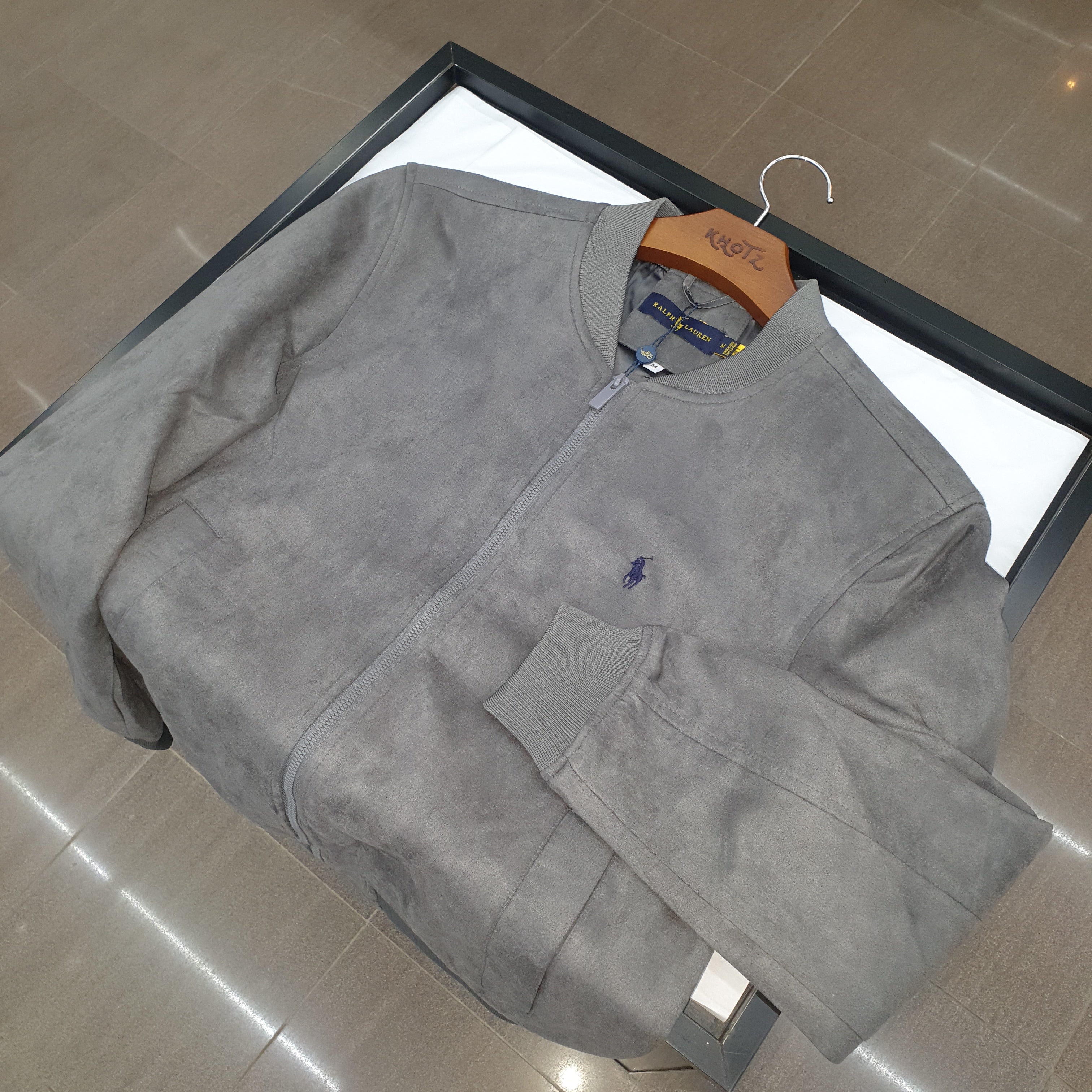 Jaqueta Ralph Lauren Masculina Suede Marmorizada Cinza Pony Marinho Ajustada no Corpo