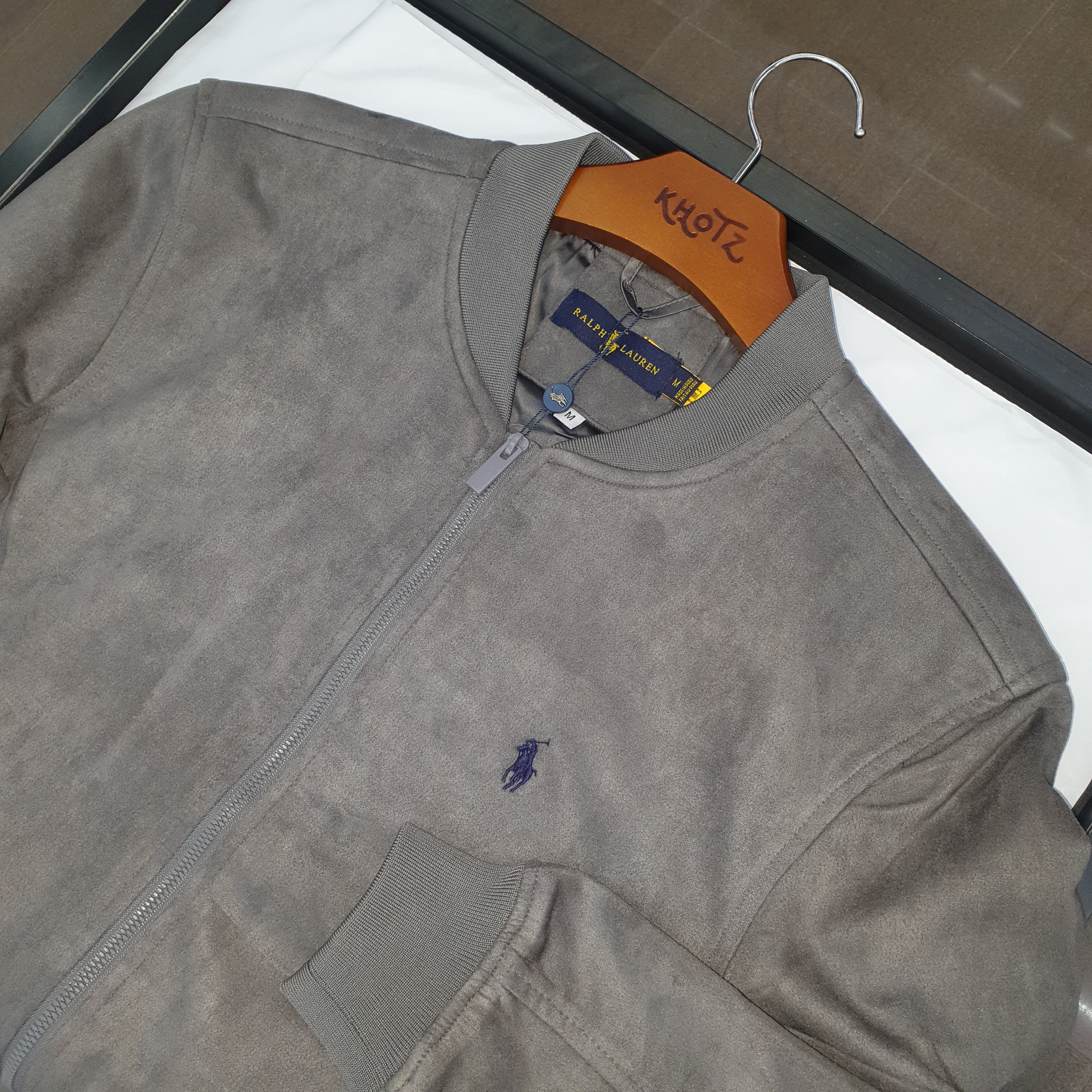 Jaqueta Ralph Lauren Masculina Suede Marmorizada Cinza Pony Marinho Ajustada no Corpo