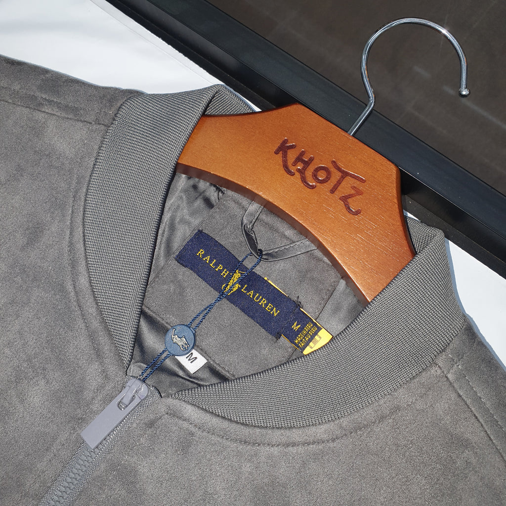 Jaqueta Ralph Lauren Masculina Suede Marmorizada Cinza Pony Marinho Ajustada no Corpo