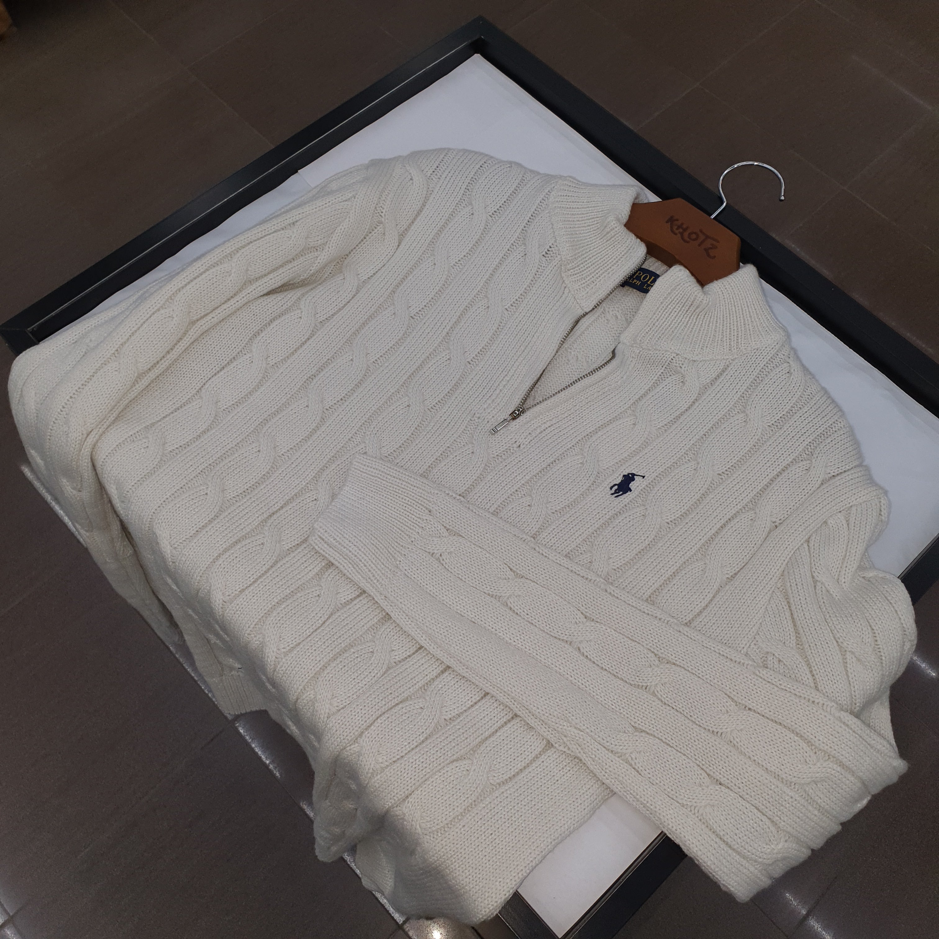 Suéter Trançado Ralph Lauren Masculino Com Zipper Branco Pony Marinho