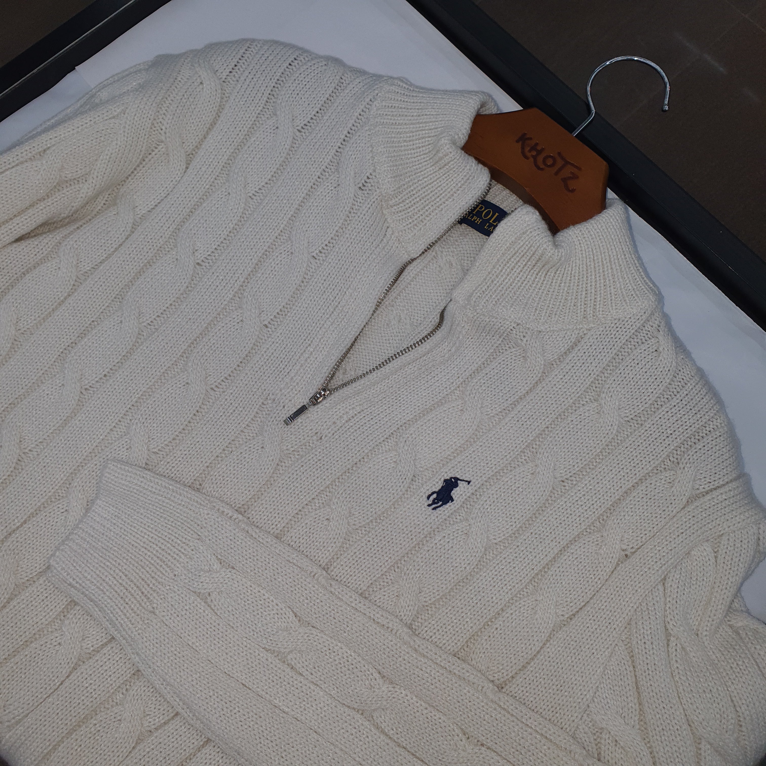 Suéter Trançado Ralph Lauren Masculino Com Zipper Branco Pony Marinho