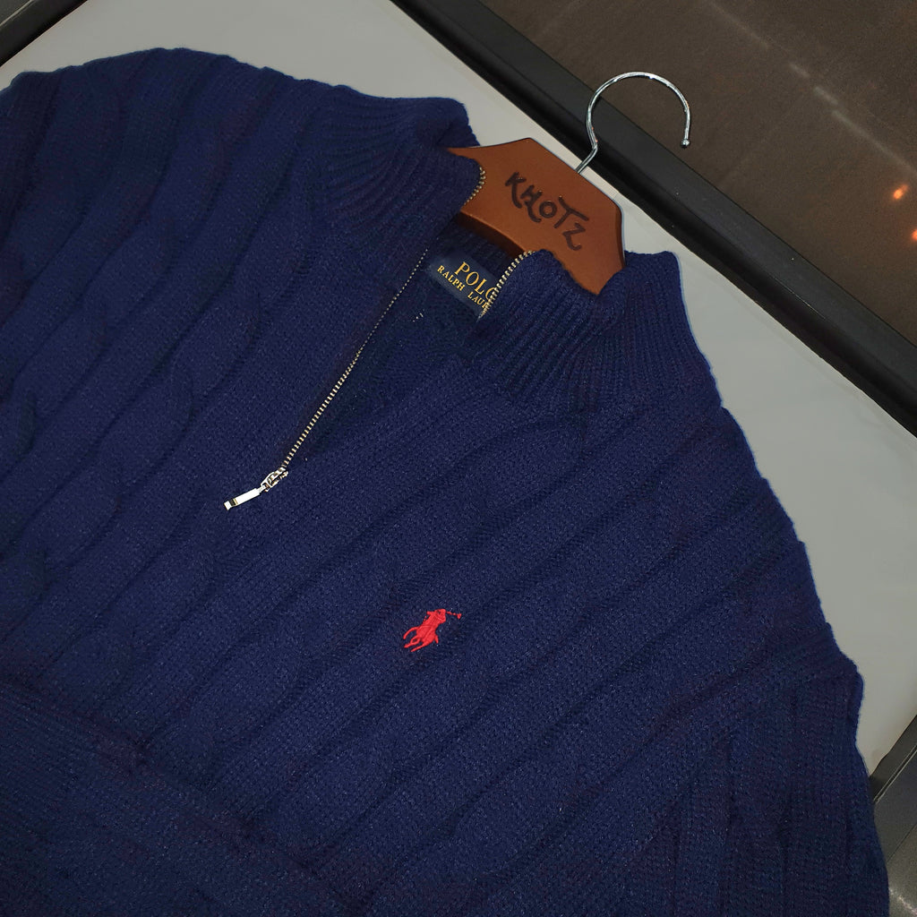 Suéter Trançado Ralph Lauren Masculino Com Zipper Marinho Pony Vermelho