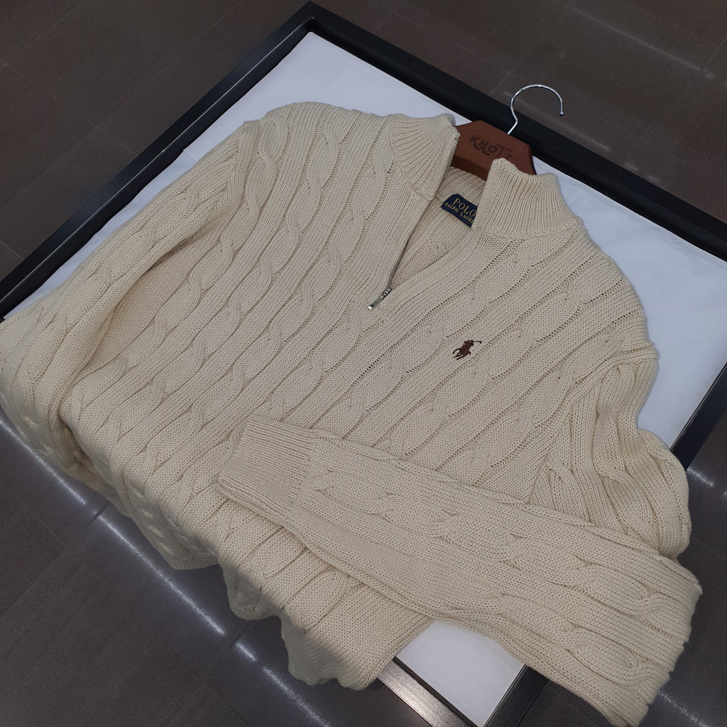 Suéter Trançado Ralph Lauren Masculino Com Zipper Creme Pony Marrom