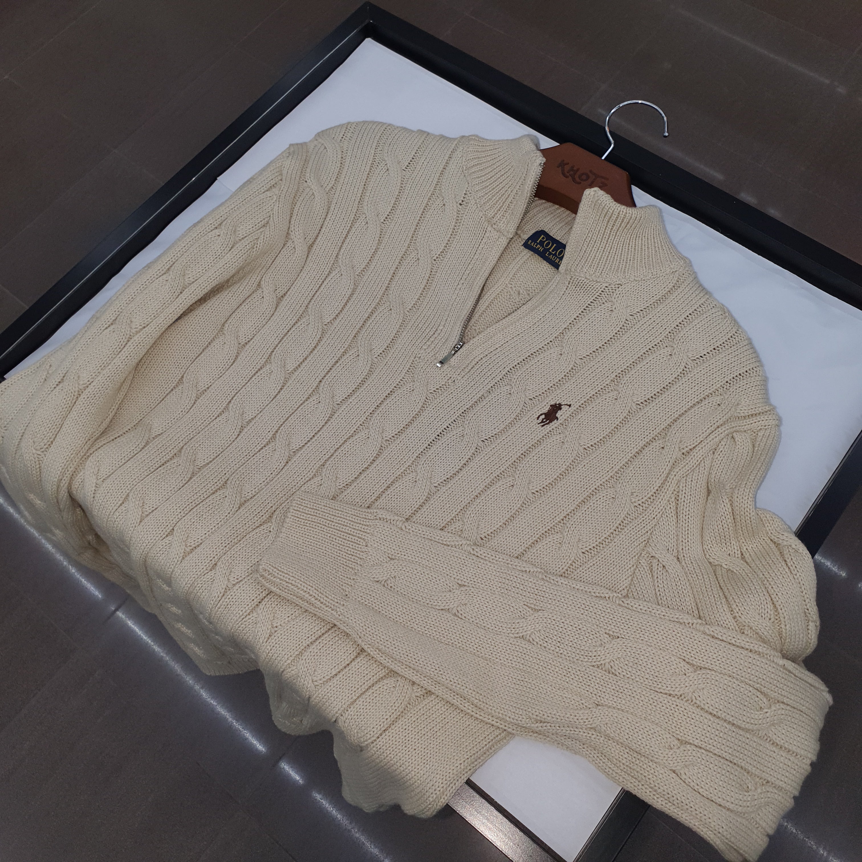 Suéter Trançado Ralph Lauren Masculino Com Zipper Creme Pony Marrom